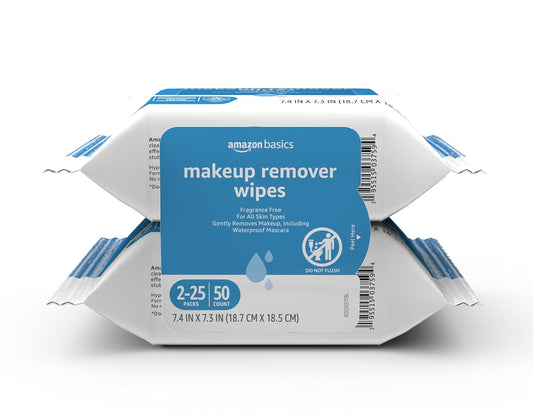 Amazon Basics Makeup Remover Wipes, Fragrance- and Alcohol-Free, Gentle Cleansing, Removes Waterproof Mascara, Dermatologist Tested, 25 Count, Pack of 2