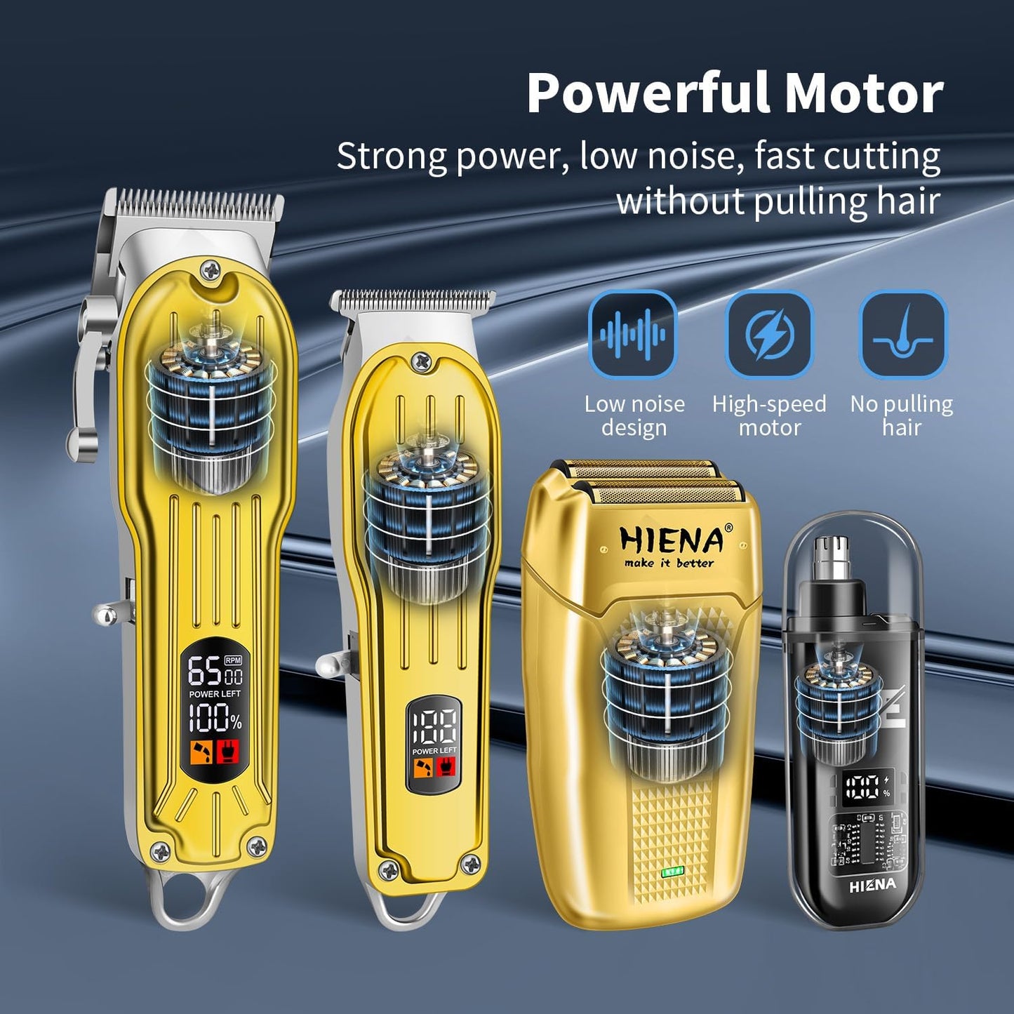HIENA PRO Professional Hair Clipper Set, Rechargeable Cordless Barber Kit and Hair Cutting Set, Electric Foil Shavers and Beard Trimmers, Ear, Nose Hair Trimmer Set & Facial Grooming Tool (Gold)