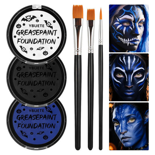 Blue Black White Oil Based Face Paint Kit with Painting Brushes, Professional Full Coverage Greasepaint for Adults Halloween Cosplay SFX Avatar Smurf Mermaid Makeup Stage Theater
