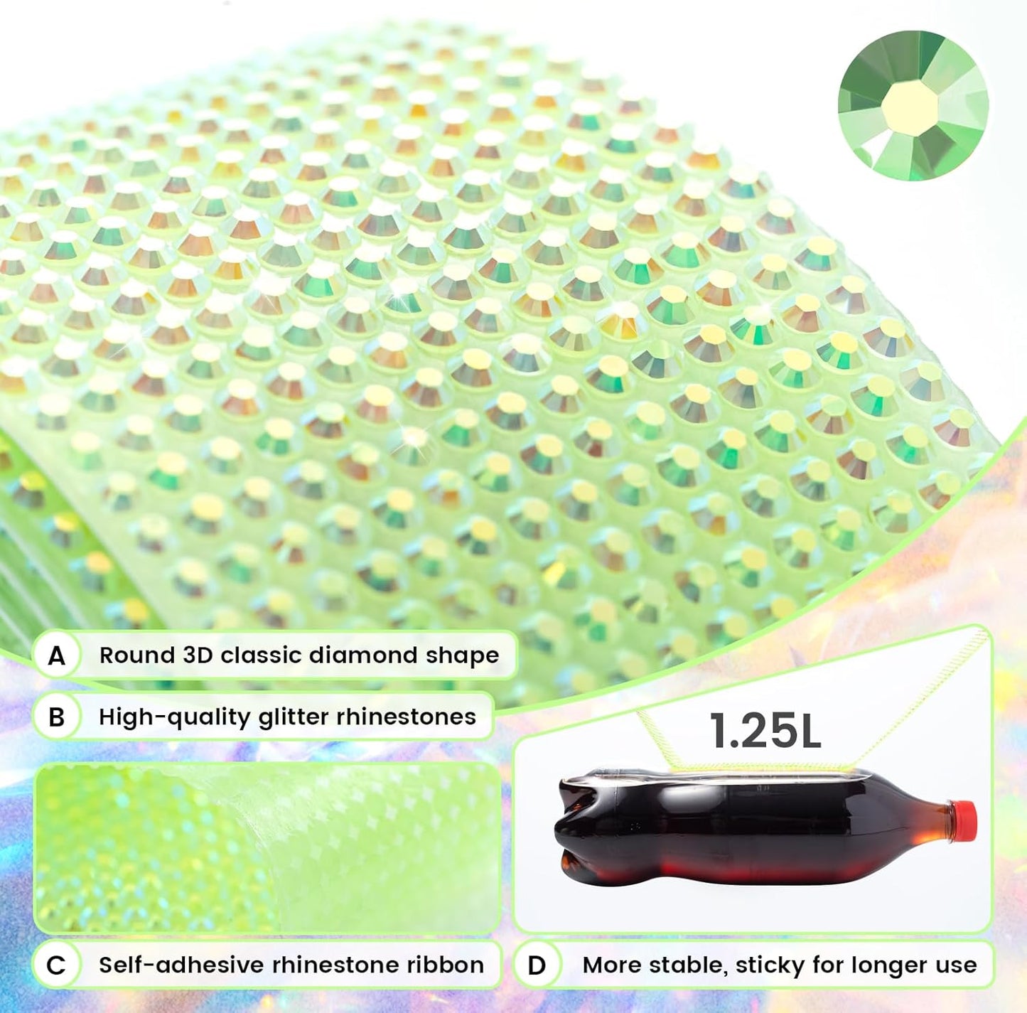 Novani Self Adhesive Rhinestone Ribbon, 1.18 Inch Wide 3 Yards 1 Roll, Light Green AB Diamond Bling Strips for DIY Crafts, Glitter Resin Rhinestones Tape for Crafting, Car Decoration