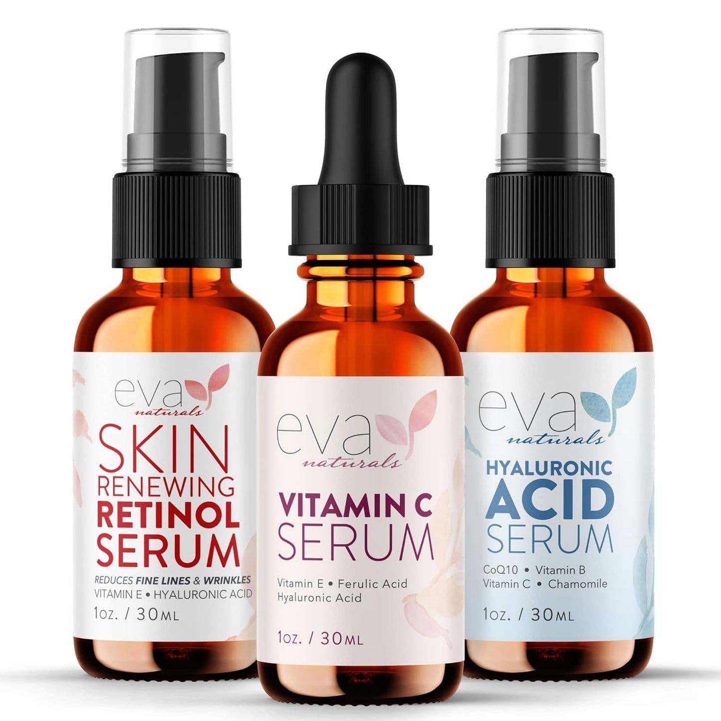 Eva Naturals Anti-Aging Serum Set – Vitamin C, Retinol & Hyaluronic Acid Serums for Face, Hydrating Bundle for Skin, Fine Lines, Wrinkles, Collagen, Firming, Plumping, Radiance & Youthful Hydration
