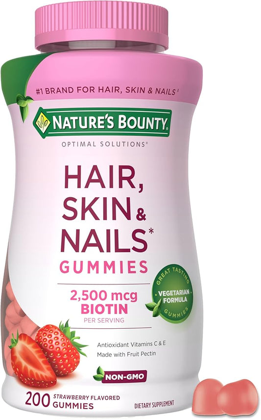 Nature's Bounty Optimal Solutions Hair, Skin and Nails Pectin Gummies, 2500 mcg Biotin Per Serving, No Stick Gummy, Vegetarian Formula, Strawberry Flavor, 200 count, 100 Total Servings