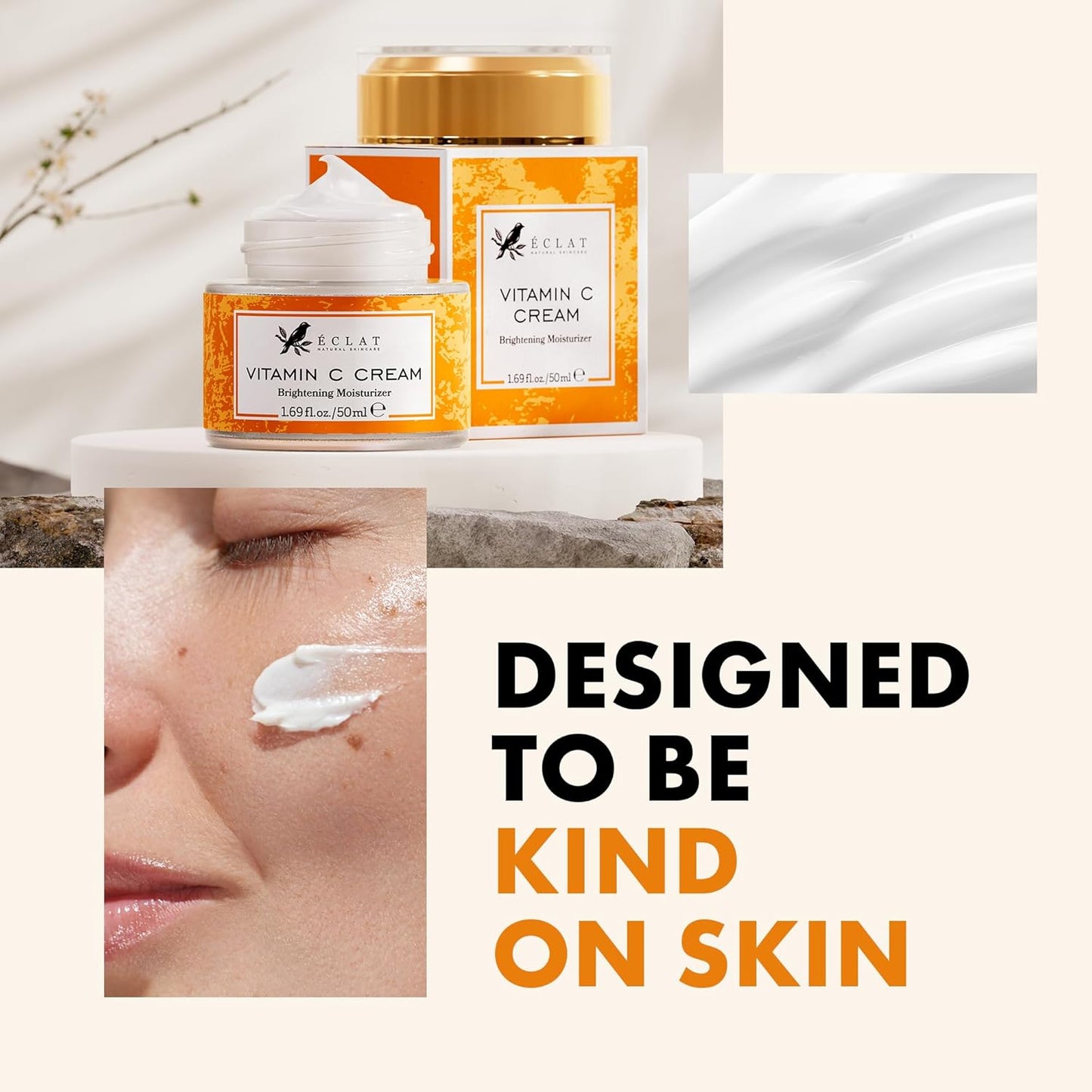 Eclat Skincare Vitamin C Moisturizer for Face with Hyaluronic Acid & Squalane - Face Brightening Cream - Anti Aging, Firming & Hydrating Vitamin C Cream for All Skin Tone 50 ml