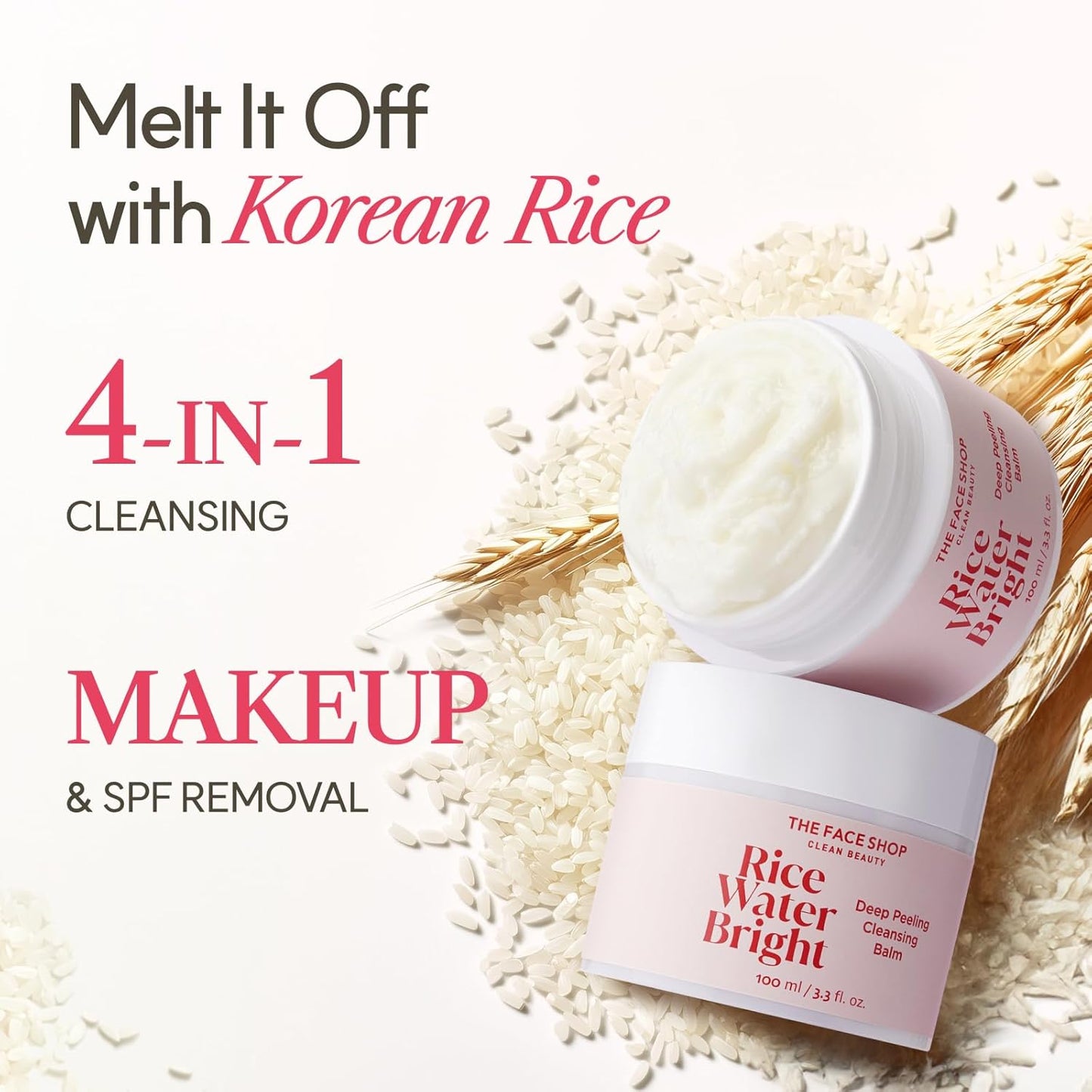 The Face Shop Rice Water Bright Cleansing Balm, Removes Makeup & SPF, 4-in-1 Makeup Remover, for All Skin Types, Korean Rice Extract, Lavender Oil, 100ml / 3.3 fl. oz.