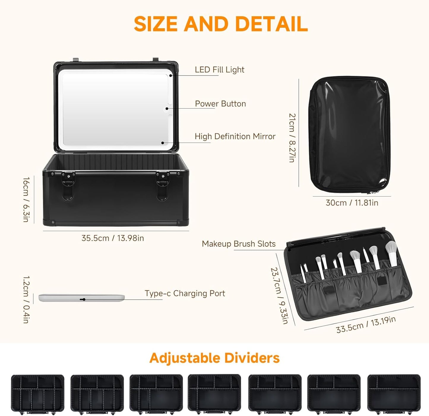 CHENGLIN Makeup Case with Lighted Mirror – Waterproof Travel Train Case, Cosmetic Organizer with Adjustable Dividers, Magnetic LED Mirror, Portable Makeup Suitcase for Women, Black