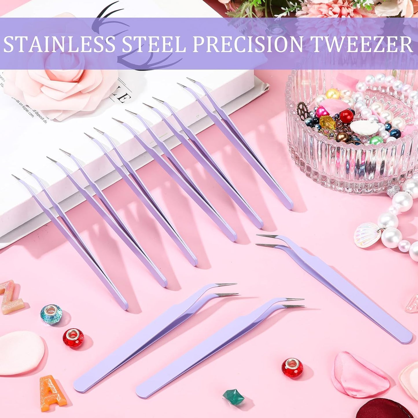 Honoson 9 Pieces Curved Pointed Craft Tweezers Stainless Steel Precision Tweezer with Protective Cover for Rhinestones Dried Flowers Craft Stickers Eyelash Extension Jewelry Making(Purple)