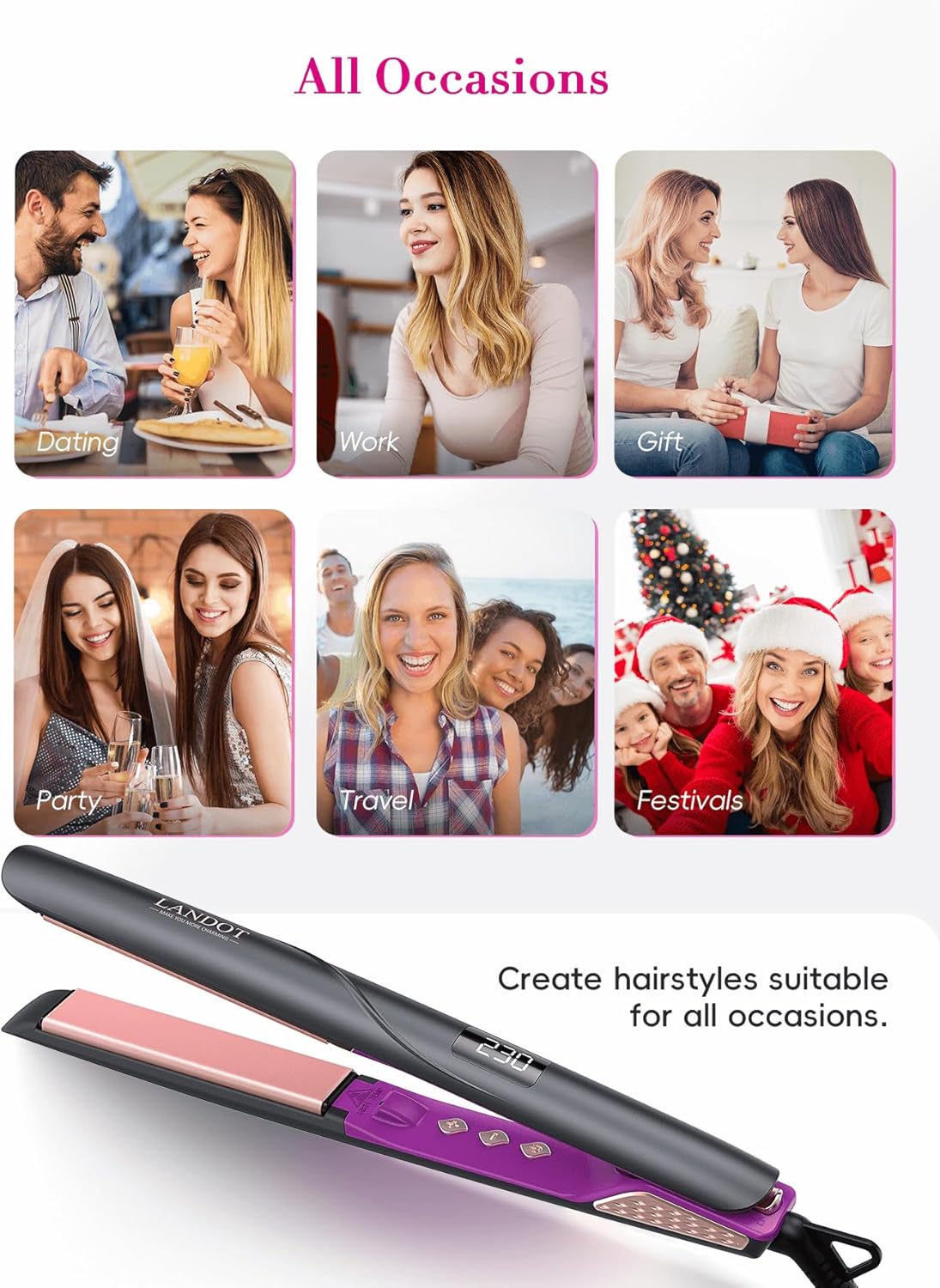 LANDOT Flat Iron Hair Straightener: Ceramic Ionic Straightener for Frizz-Free Shine - Adjustable Temp 250-450F & Auto Shut Off + Travel Pouch