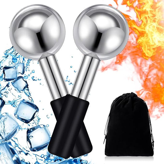 Baderke 2 Pcs Ice Globes for Face Stainless Steel Cooling Globes Unbreakable Cooling Roller Women Ice Balls Cryo Sticks Face Skin Care for Dark Circles, Puffiness(Silver (black Handle))