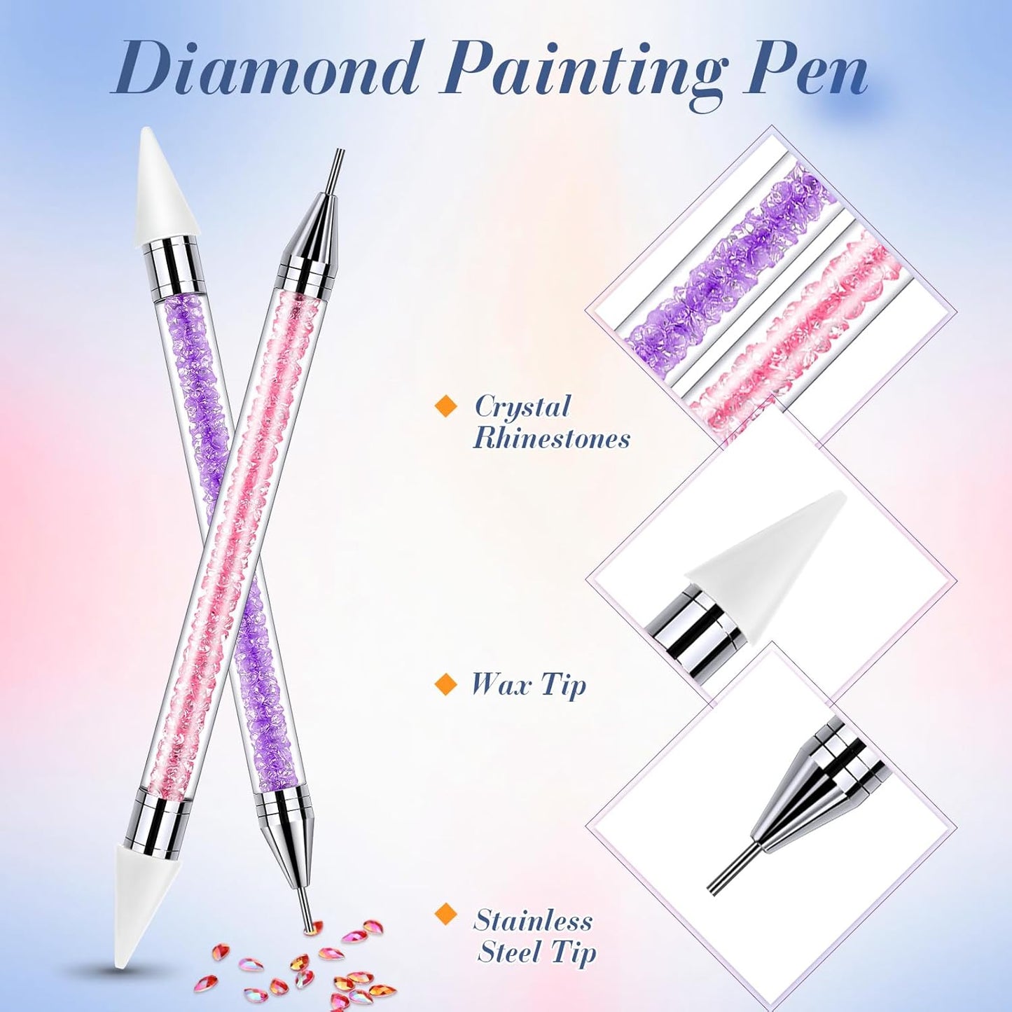 2 Pieces Rhinestone Picker Dotting Pen, Dual-ended Rhinestone Gems Crystals Studs Picker Wax Pencil Pen Crystal Beads Handle Manicure Nail Art DIY Decoration Tool (Pink Purple)