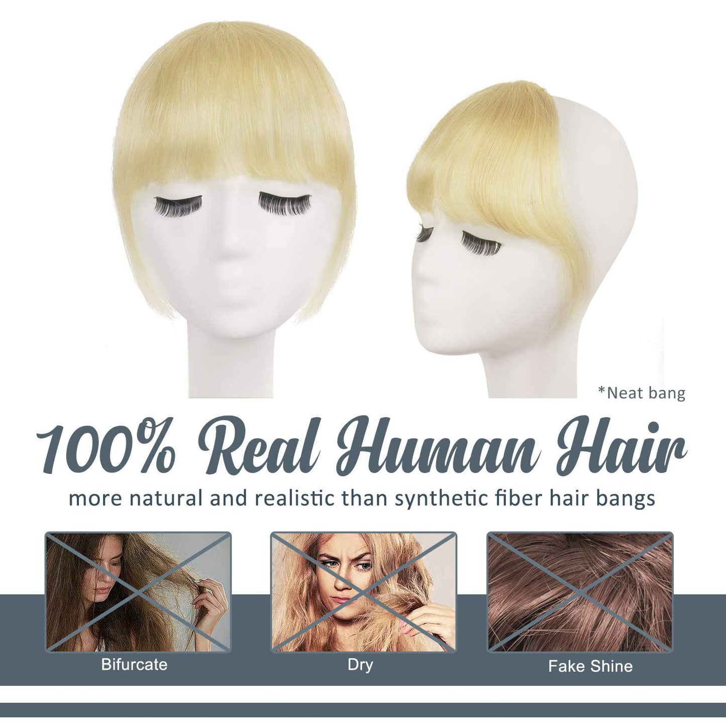 BARSDAR Real Human Hair Clip in Bangs - Human Hair Clip in Bangs for Women - Light Blonde Thick Bangs Extensions Fringe with Temples Dyeable Real Hair Bangs Hairpieces - Bleach Blonde