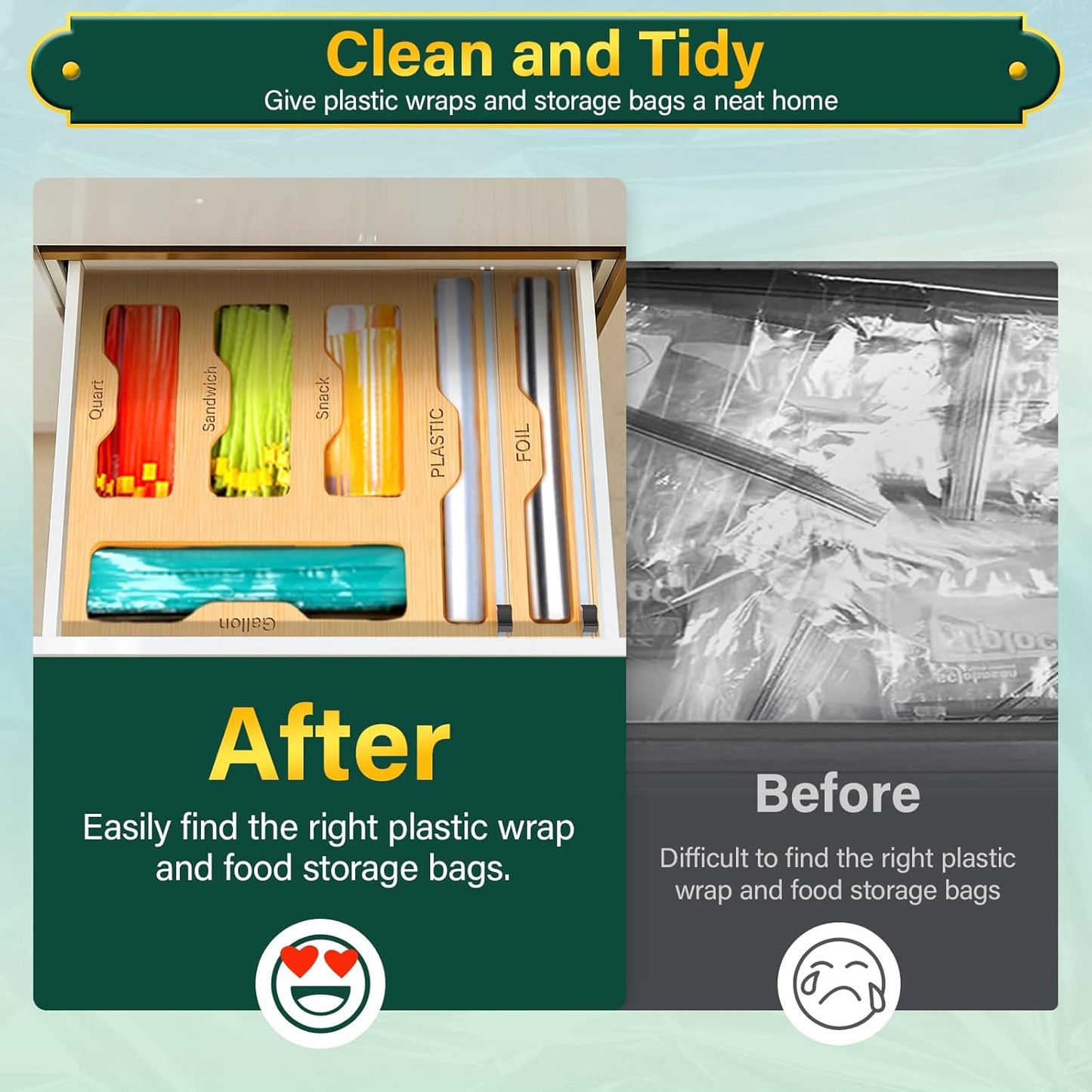 KOCWELL Bag Organizer and Plastic Wrap Dispenser with Cutter, 6 In 1 Bamboo Foil and Plastic Wrap Organizer for Kitchen Drawer, Food Storage Bag Organizer for Gallon,Quart,Sandwich,Snack(Yellow)