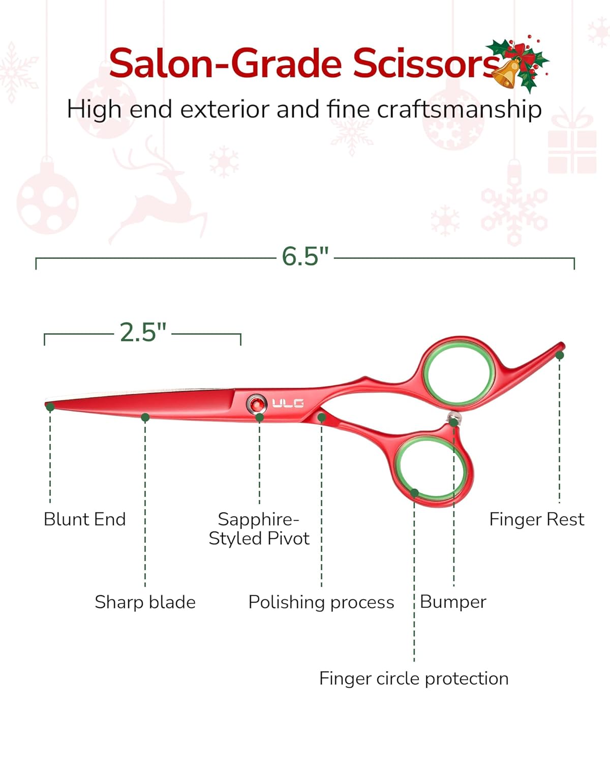 ULG 6.5” Hair Cutting Scissors, Professional Japanese Stainless Steel, Razor Sharp Barber Shears with Ergonomic Offset Handles, Lightweight and Durable for Stylist & Home Use, Christmas Red Edition
