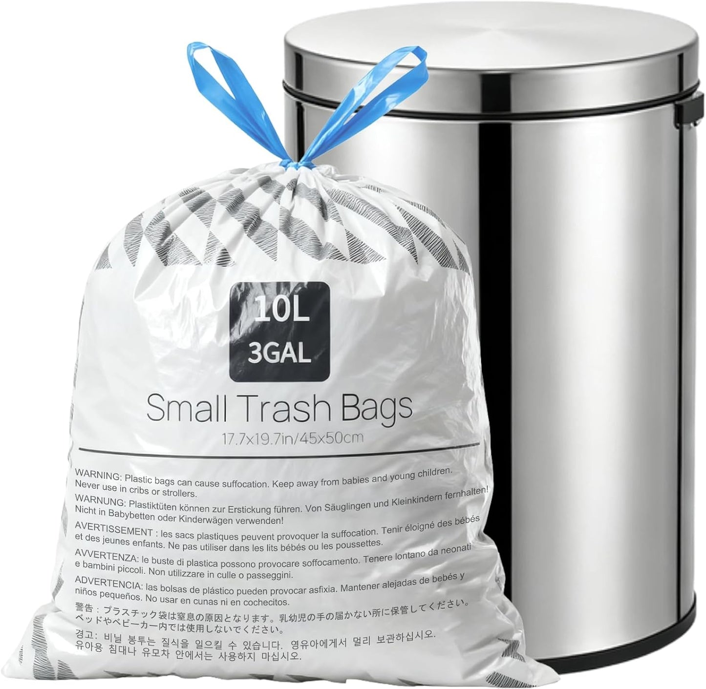 OKKEAI 2.6 Gallon Drawstring Trash Bags – 50 Count Printed Small Garbage Bags, Tear-Resistant & Leak-Proof Bin Liners, Odor Control, Safety Warning for Bathroom, Kitchen, Office