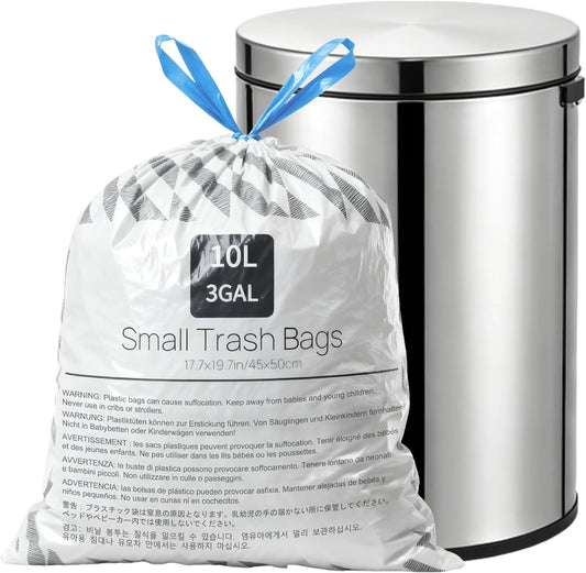 OKKEAI 2.6 Gallon Drawstring Trash Bags – 50 Count Printed Small Garbage Bags, Tear-Resistant & Leak-Proof Bin Liners, Odor Control, Safety Warning for Bathroom, Kitchen, Office