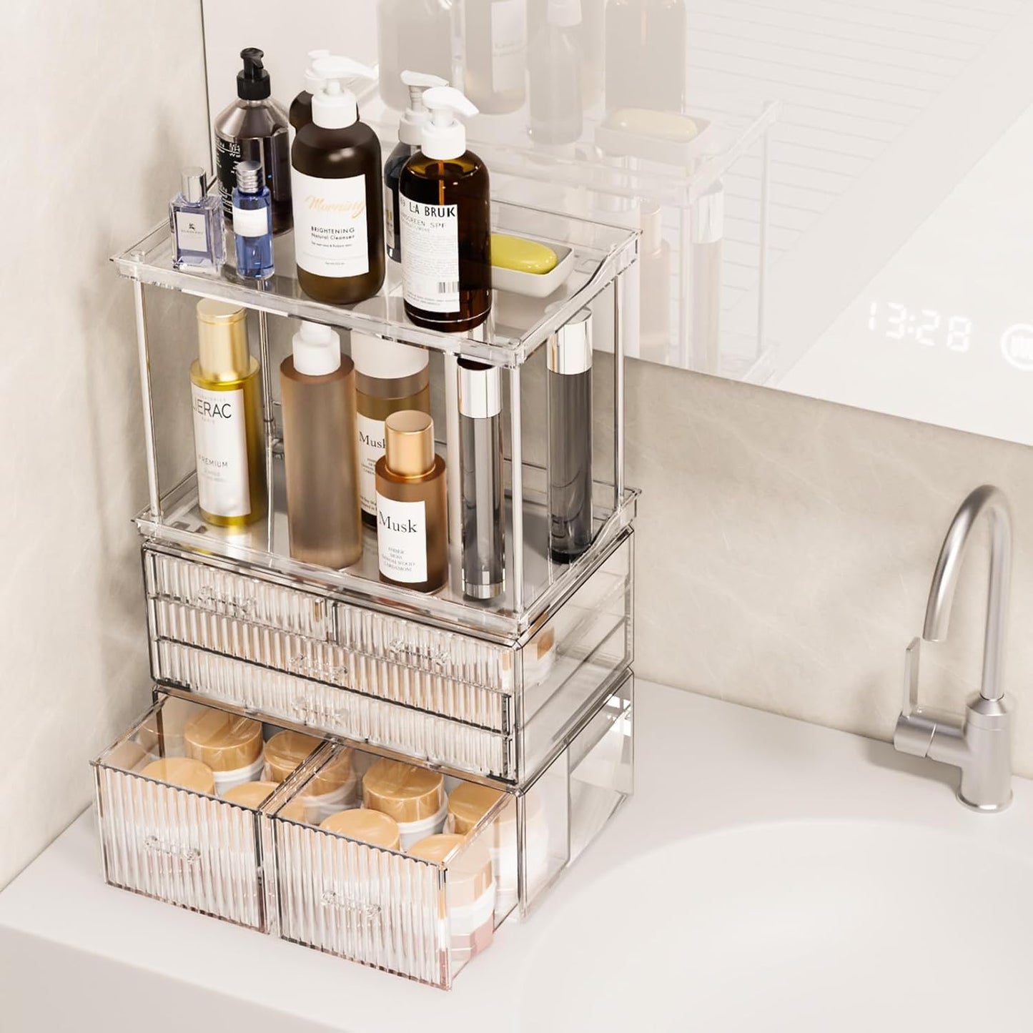 2-Tier 5-Drawer Bathroom Countertop Organizer : Multi-Purpose Makeup Organizer Countertop - Large Skincare Holder Exquisite Vanity Tray - Perfume & Skincare Storage Amber Clear
