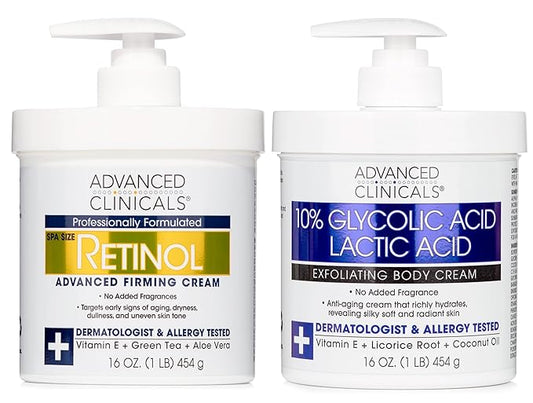 Advanced Clinicals Retinol Body Cream Moisturizer + Exfoliating 10% Glycolic Acid & Lactic Acid Lotion 2PC Skincare Set For Women & Men To Reduce Appearance Of Crepey Skin & Uneven Rough Skin Texture