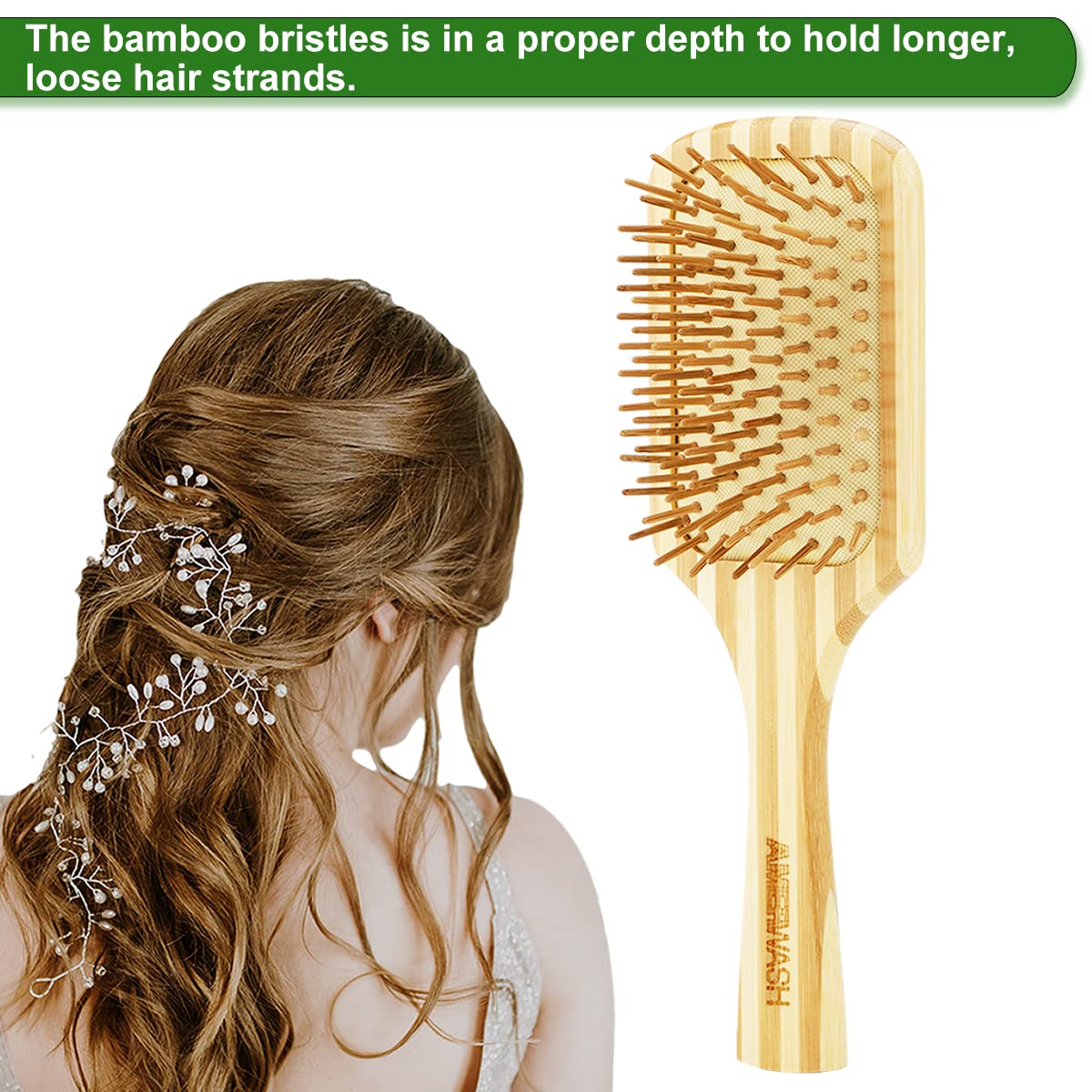 Bamboo Hair Brush with Cleaner Tool for Women Men Thick Curly Hair, Bamboo Bristle Large Wood Paddle Detangling Brush Helps Hair Growth, Enhance Shine & Health, Massaging Scalp - 2 Pack