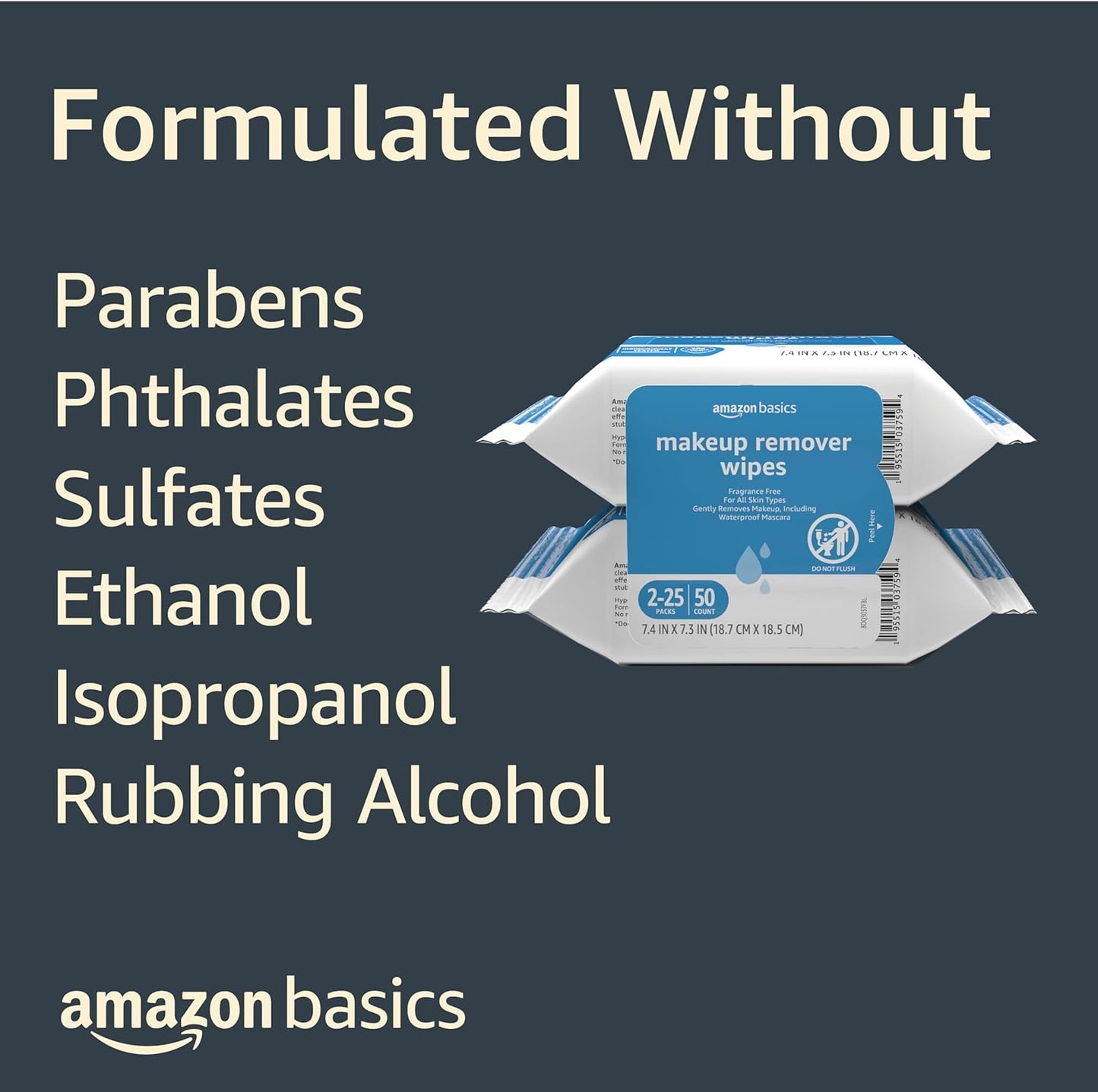 Amazon Basics Makeup Remover Wipes, Fragrance- and Alcohol-Free, Gentle Cleansing, Removes Waterproof Mascara, Dermatologist Tested, 25 Count, Pack of 2