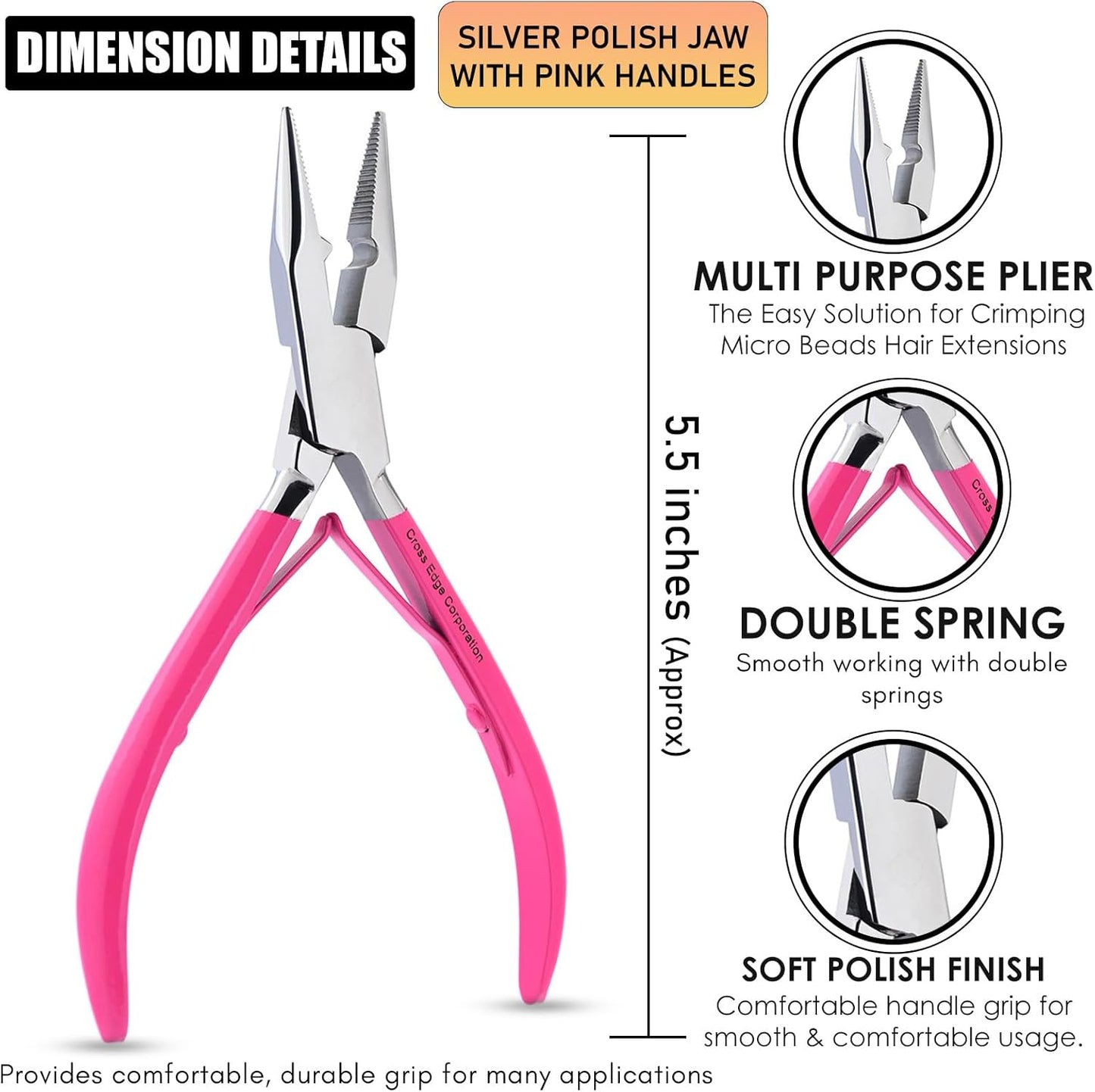 Cross Edge Multifunctional Hair Extension Pliers for Micro Ring Hair Extensions Opener and Remover - Pink Handles