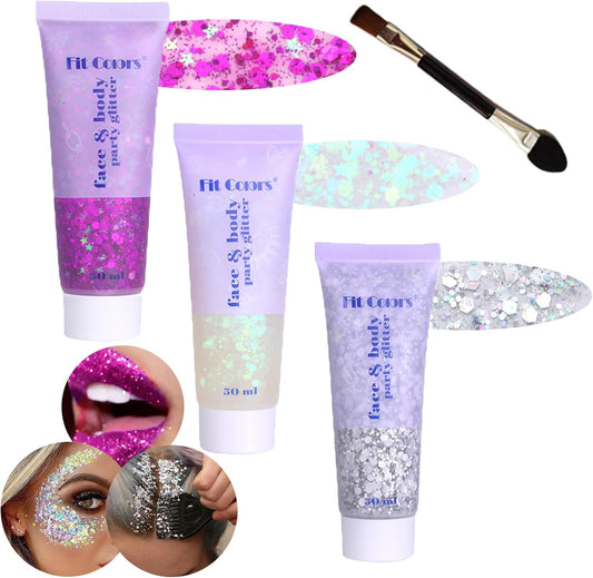 Body Glitter Face Glitter Gel: Singer Concerts Disco Festival Rave Accessories Face Glitter Makeup 150ml Chunky Sequins Mermaid Face Body Hair Glitter Gel (White&Silver&Purple)