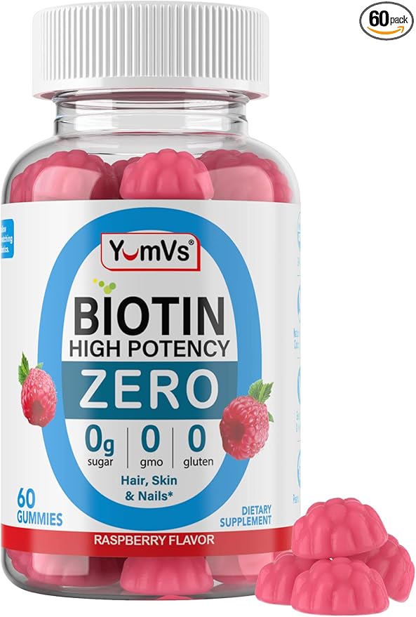 Yum-Vs - High Potency Biotin Gummies 5,000mcg Sugar Free Biotin Vitamins for Hair, Skin & Nails - B7 Biotin Hair Growth Gummy for Women & Men - Zero Sugar Raspberry Flavor Hair Skin Nails Gummies (60)