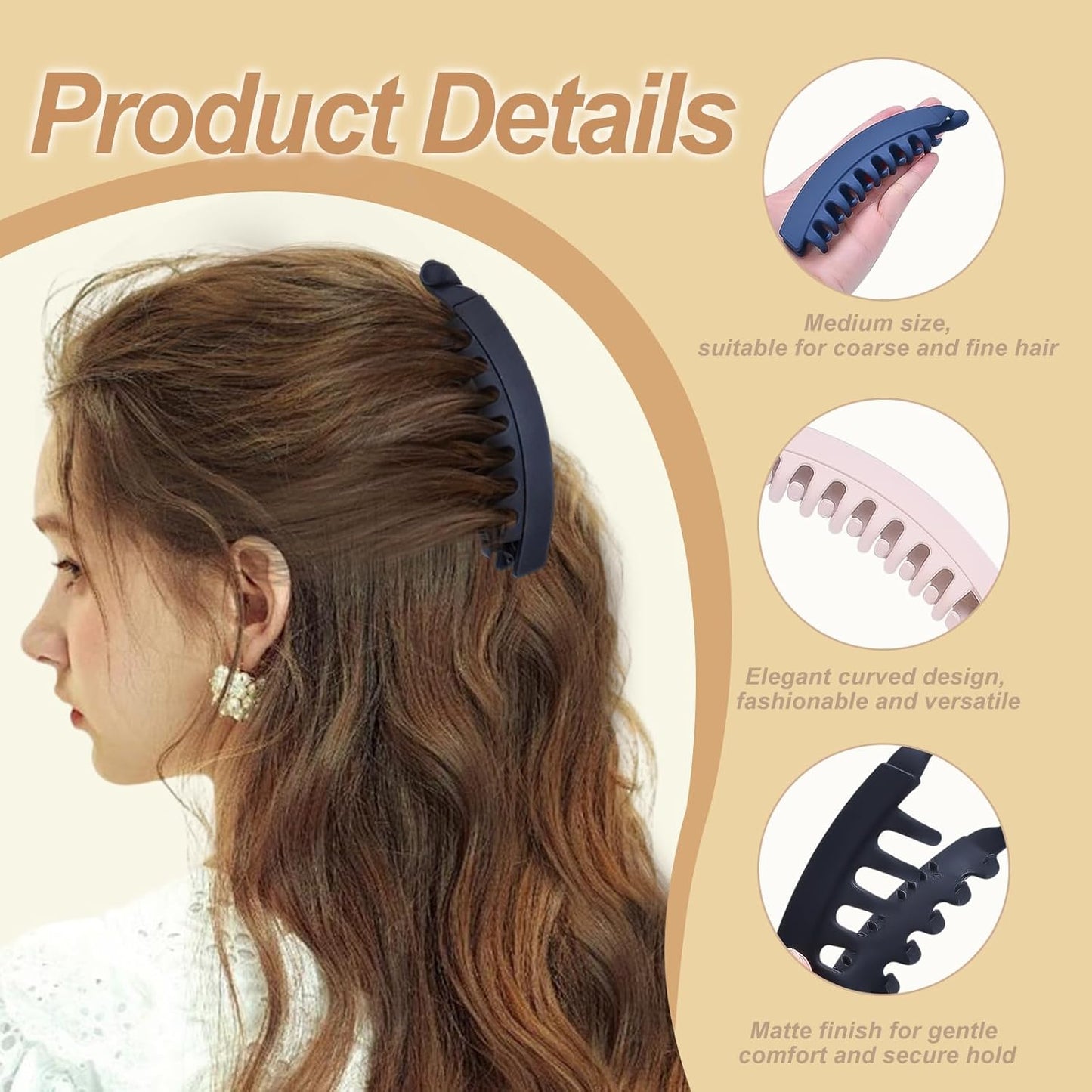 4PCS Banana Hair Clips, 5.2" Large Hair Claws for Women, Claw Clips for Thick Hair&Thin Hair, Hair Styling Accessories（Black & Light Coffee & Blue & White）