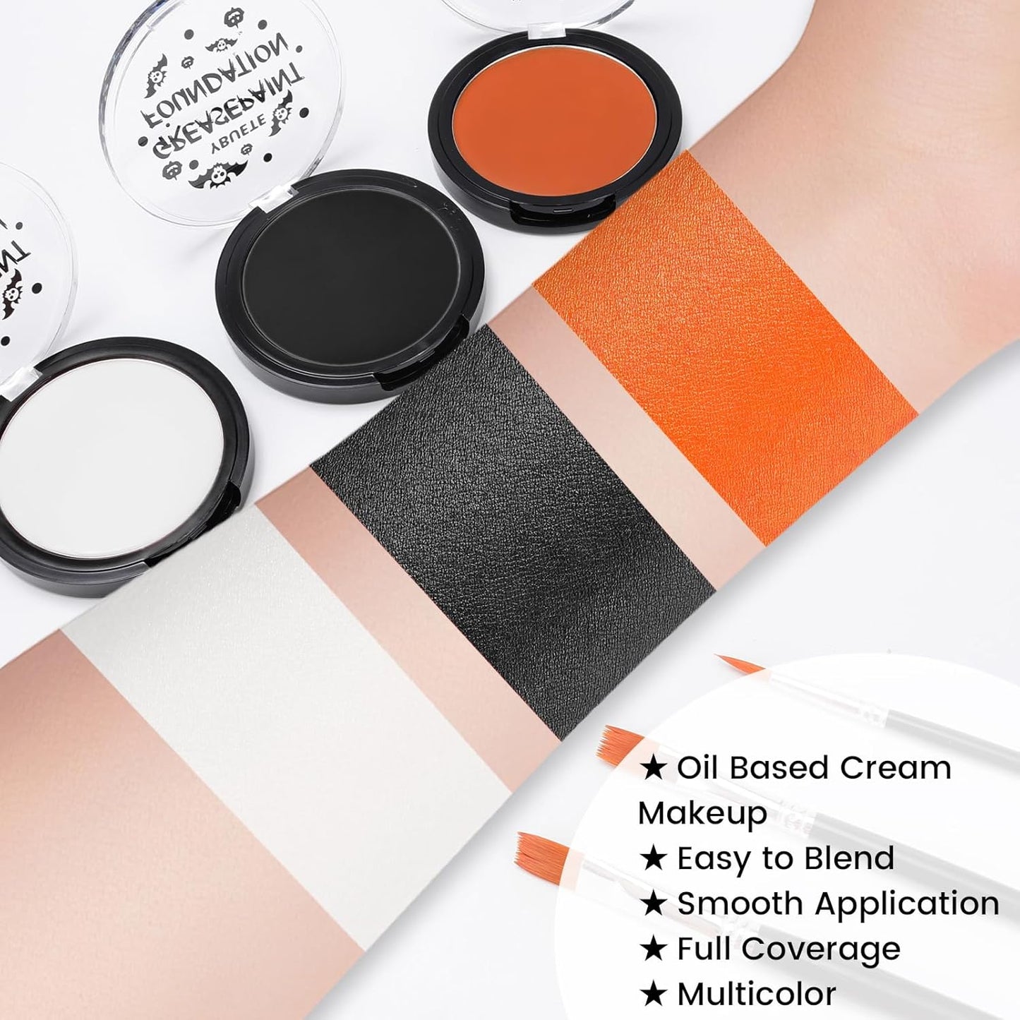 Orange Black White Oil Based Face Paint Kit with Painting Brushes, Professional Full Coverage Greasepaint for Adults Halloween Cosplay SFX Tiger Pumpkin Makeup Carnival Theater Stage