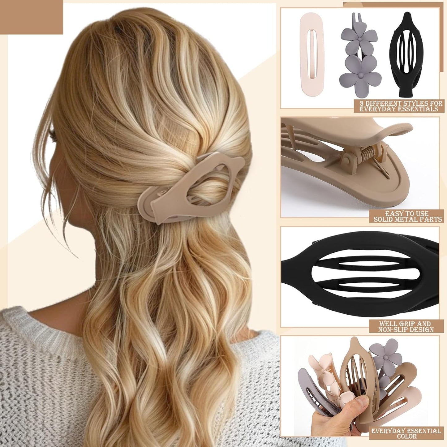 10 Pcs French Flat Hair Clips for Women, 3 Styles Lay Flat Claw Clips Non-slip Matte Hair Claws for Thin Thick Hair