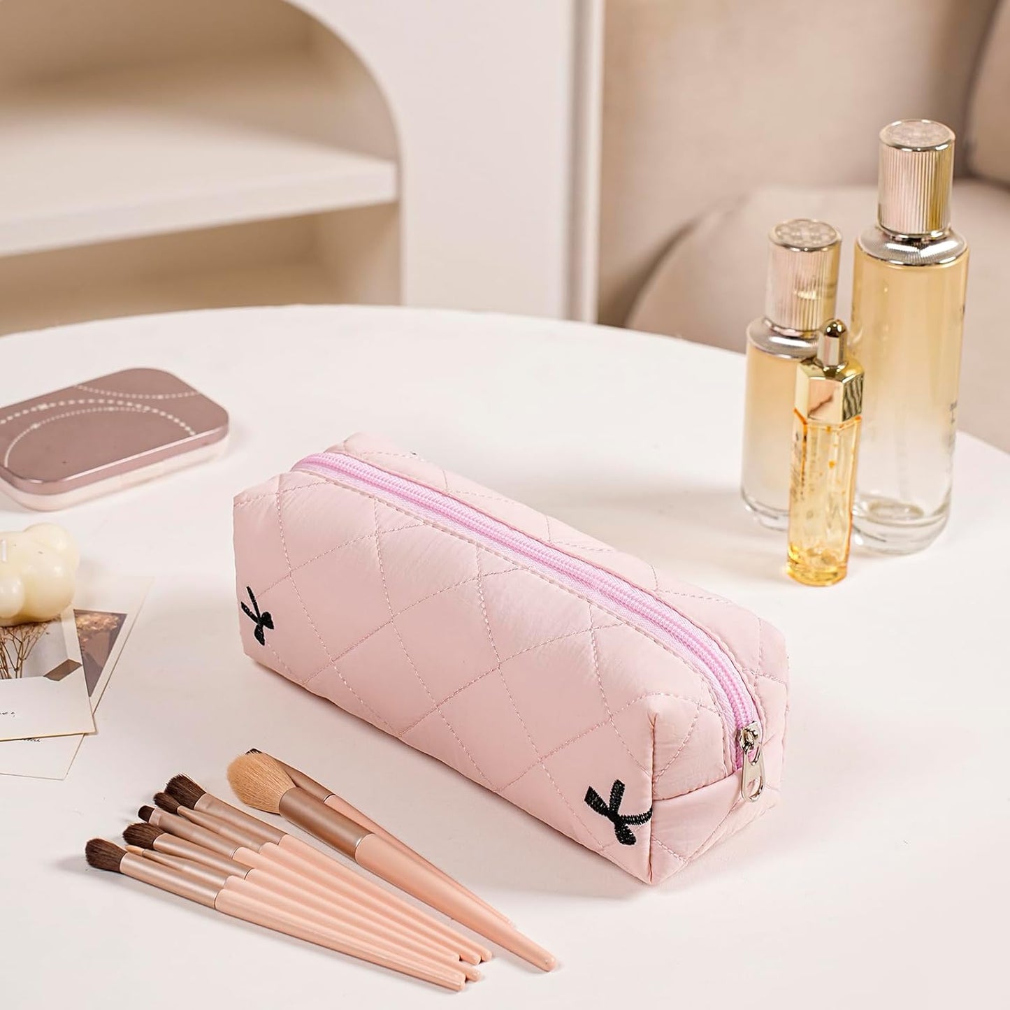 Cute Floral Cotton Makeup Brush Cosmetic Bag for Women, Travel Quilted Zipper Make Up Bag, Flowers Toiletry Organizer Case Kawaii Makeup Cosmetic Travel Cloth Pouch (Pink)