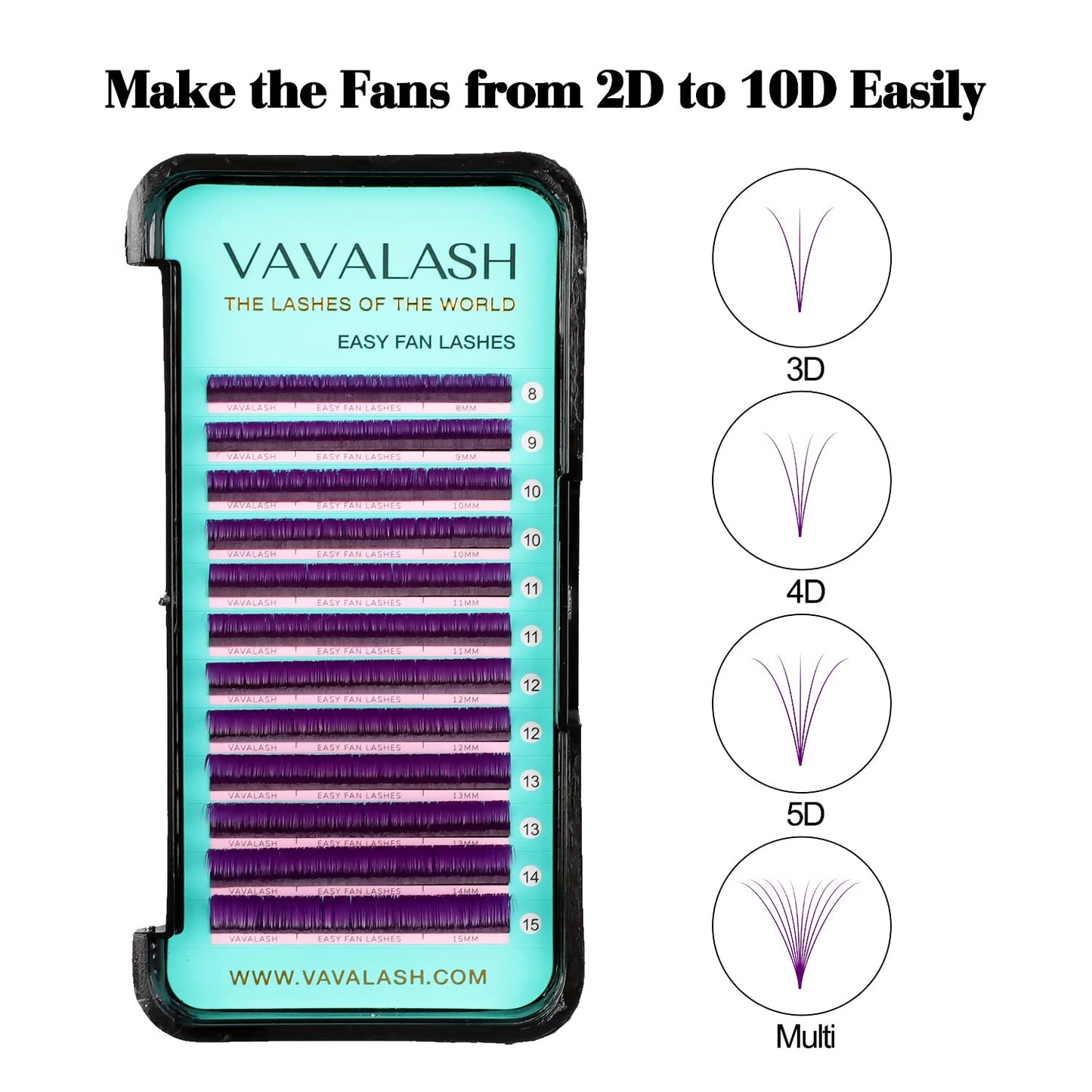 VAVALASH Colored Easy Fan Eyelash Extensions 0.07 D Curl 8-15mm Mixed Tray Violet Self Fanning Lashes 2D-10D Colorful Volume lash extensions（Violet,0.07-D-8-15 Mix）