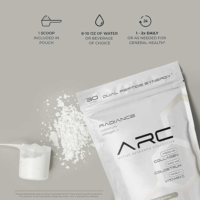 Radiance, Grass-Fed Collagen Peptide & Colostrum Powder, Supports Gut Health, Digestion, Immune Function, Healthy Joints, Bones, Skin, Hair & Nails, Keto, Gluten & Fat-Free, Unflavored, 30 Servings