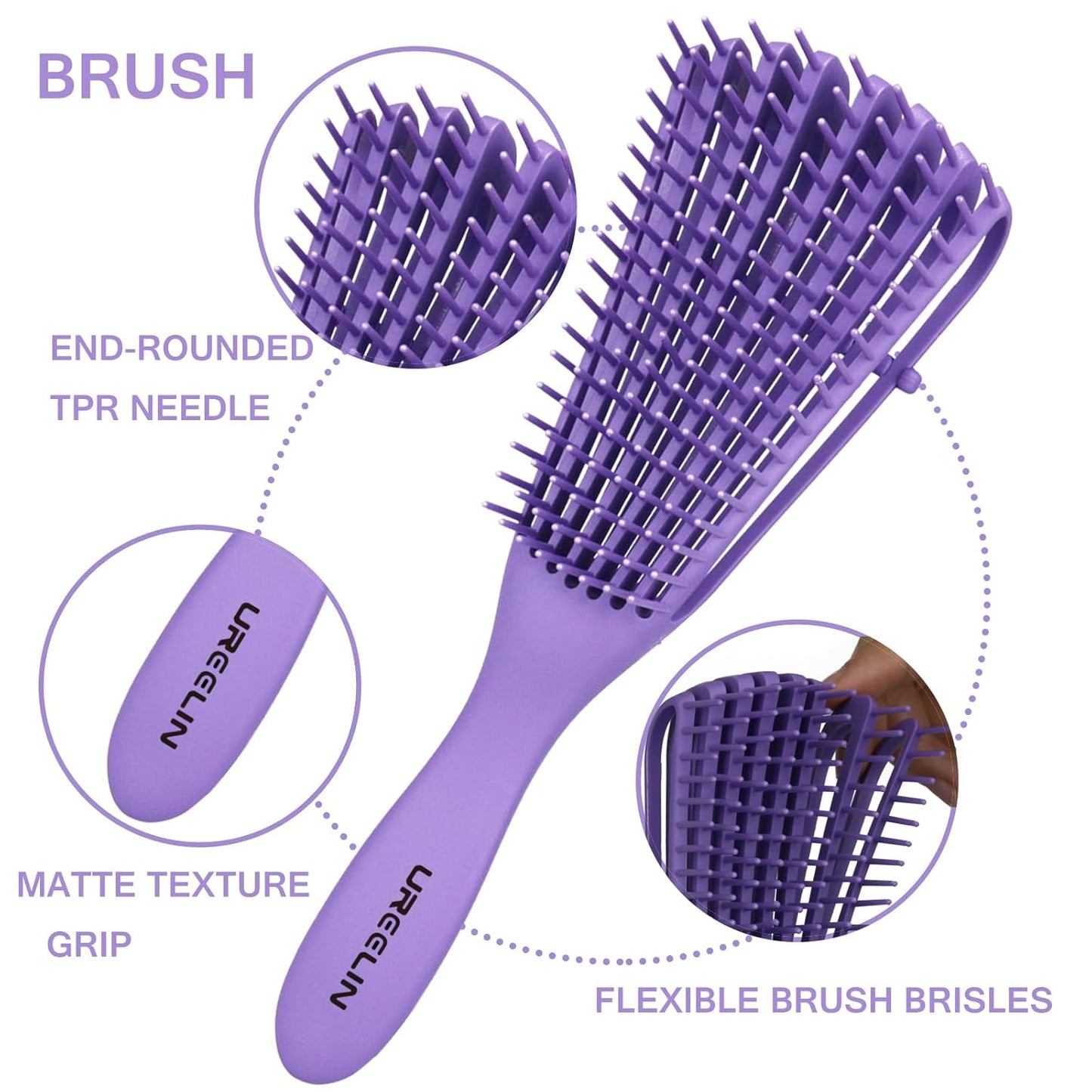 Hair Brush Set for 3a,4c,Wig/Thick/Wavy/Curly/Slick Back Hair Brushes,Rat Tail Combs,8-Row,Edge Brush,For Detangling,Braiding,Teasing,Parting,Styling,Kids,Girls,women(Purple)
