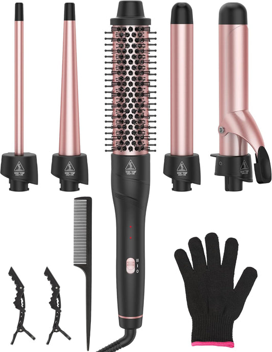 ANIEKIN 5 in 1 Curling Iron Set, Fast Heat Up Curling Wand from 3/8 to 1 1/4 Inch and a Thermal Brush Come with, Dual Voltage Hair Curler for Women All Hair Types and Travel Use, Gifts for Women