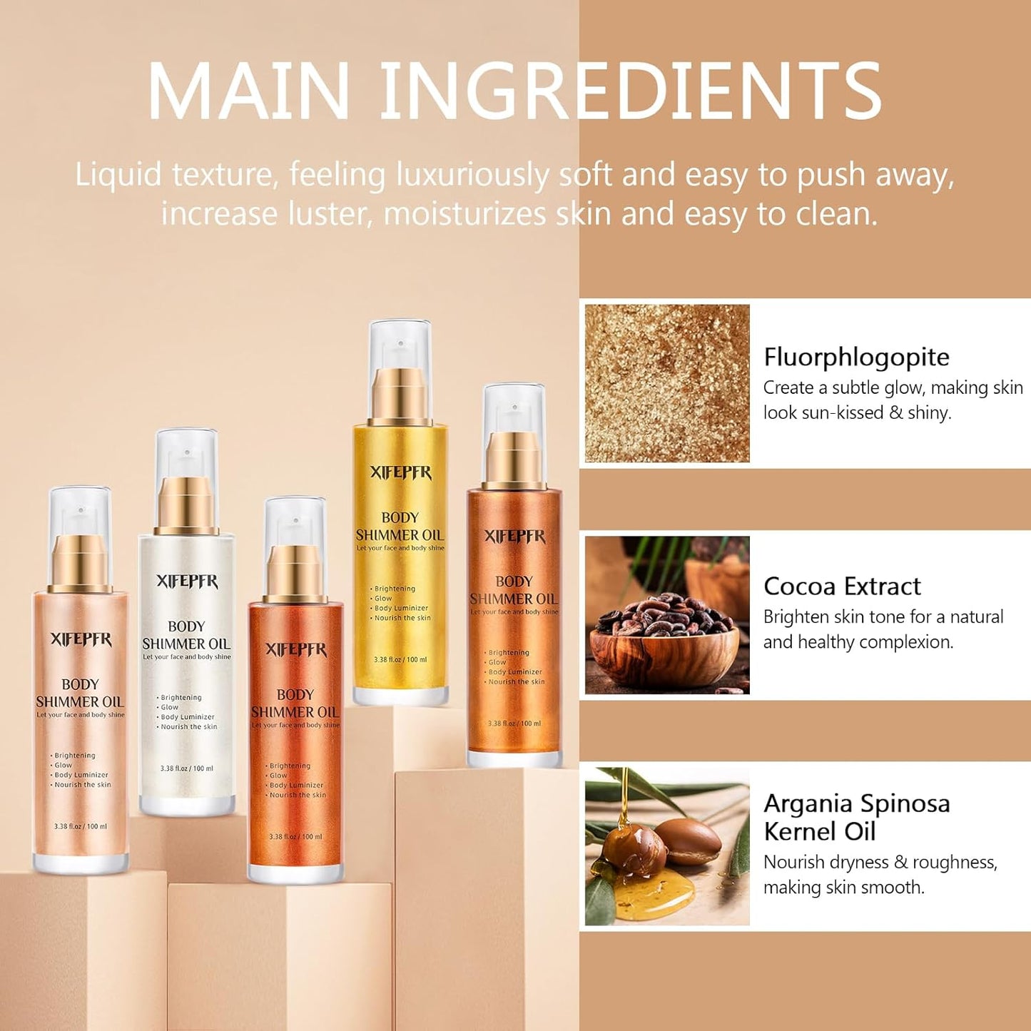 Body Shimmer Oil, Bronze Gold Luminizer Face Highlighter Liquid Illuminator With Makeup Brush, Long Lasting Moisturizing Glitter Oil for Makeup Brighten