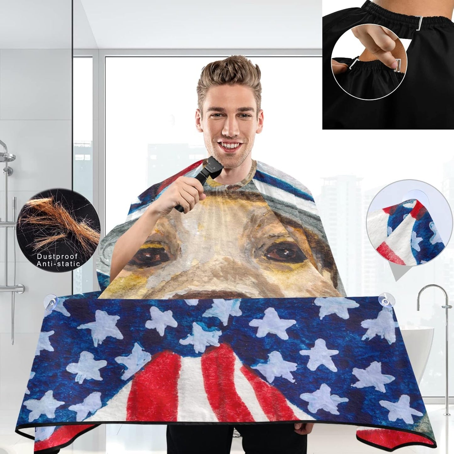 visesunny Barber Cape Dog American Flag Polyester Hair Cutting Salon Cape Apron Anti-Static Haircut Water-Resistant Shaving Cloth Beard Shaving Bib Hairdressing Cape