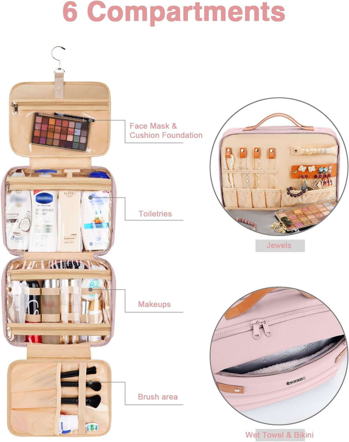 Women's Hanging Toiletry Bag, Waterproof Travel Cosmetic Organizer with Jewelry Storage, Large Capacity Makeup Case for Full-Size Skincare & Bathroom Essentials, Portable Cosmetic kit, Pink