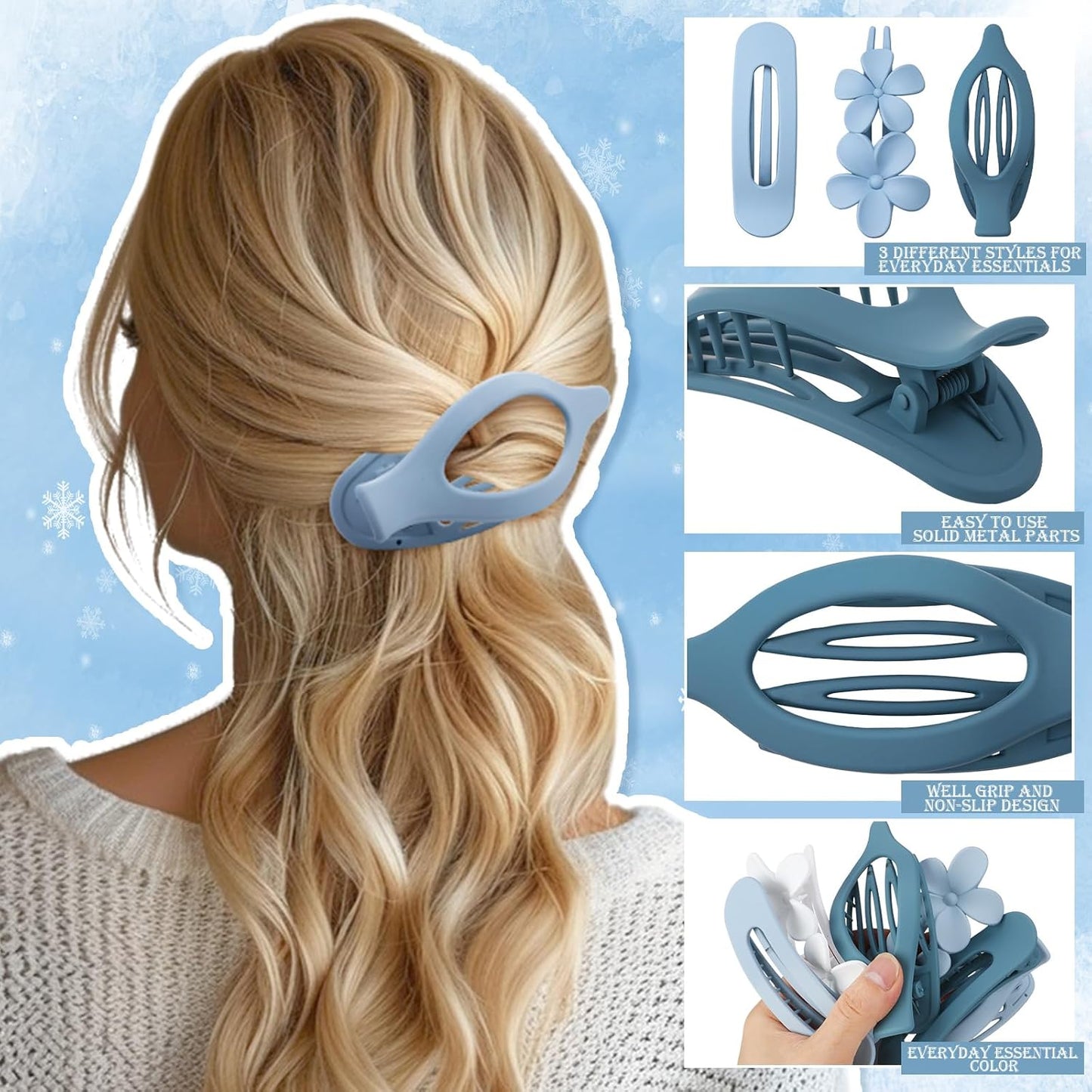 10 Pcs French Flat Hair Clips for Women, 3 Styles Blue Flat Claw Clips Strong Hold No Slip Matte Hair Claw Clips for Thin Thick Hair