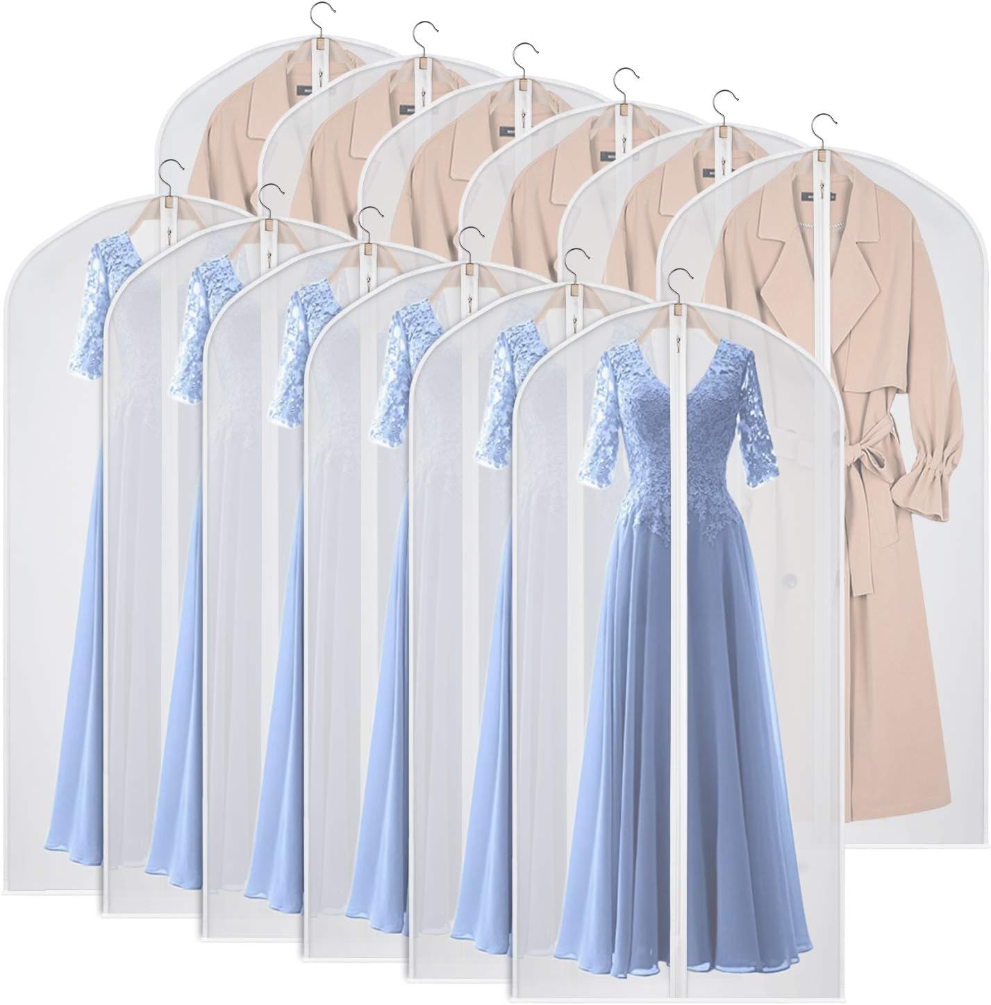 Kntiwiwo 60'' Garment Bags Dress Bag for Storage (Set of 12) Dust-Proof Suit Protector Cover Bag with Zipper for Long Dresses, Suit, Coat Closet Clothes Storage