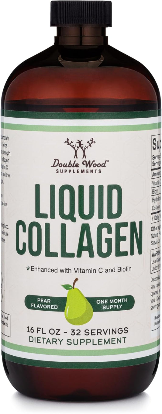 Double Wood Supplements Liquid Collagen - 2500mg of Hydrolyzed Bovine Collagen (Type 1, 3 and Grassfed) - 32 Servings - for Women and Men - 30 mcg of Biotin - Sugar Free Pear Flavor