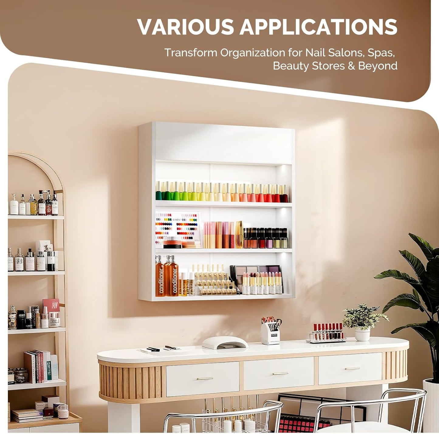 OmySalon Wall Mounted Display Rack, 32-Inch 3-Tier LED Nail Polish Organizer Shelf with USB Touch Control, for Nail Salon, Spa, Beauty Studio Storage, Wooden Retail Display (White)