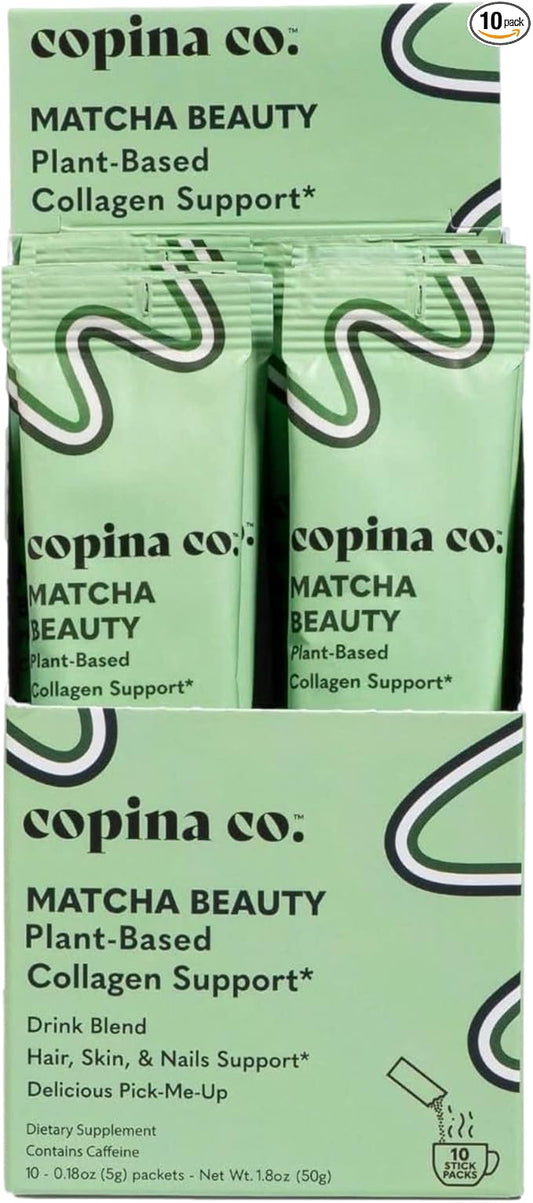 Matcha Beauty Vegan Collagen Booster Drink Blend: Plant Based Collagen Support Smoothie Drink Vegan Blend Variety Pack | Matcha Flavor | 10 Individual Stick Packs per Carton