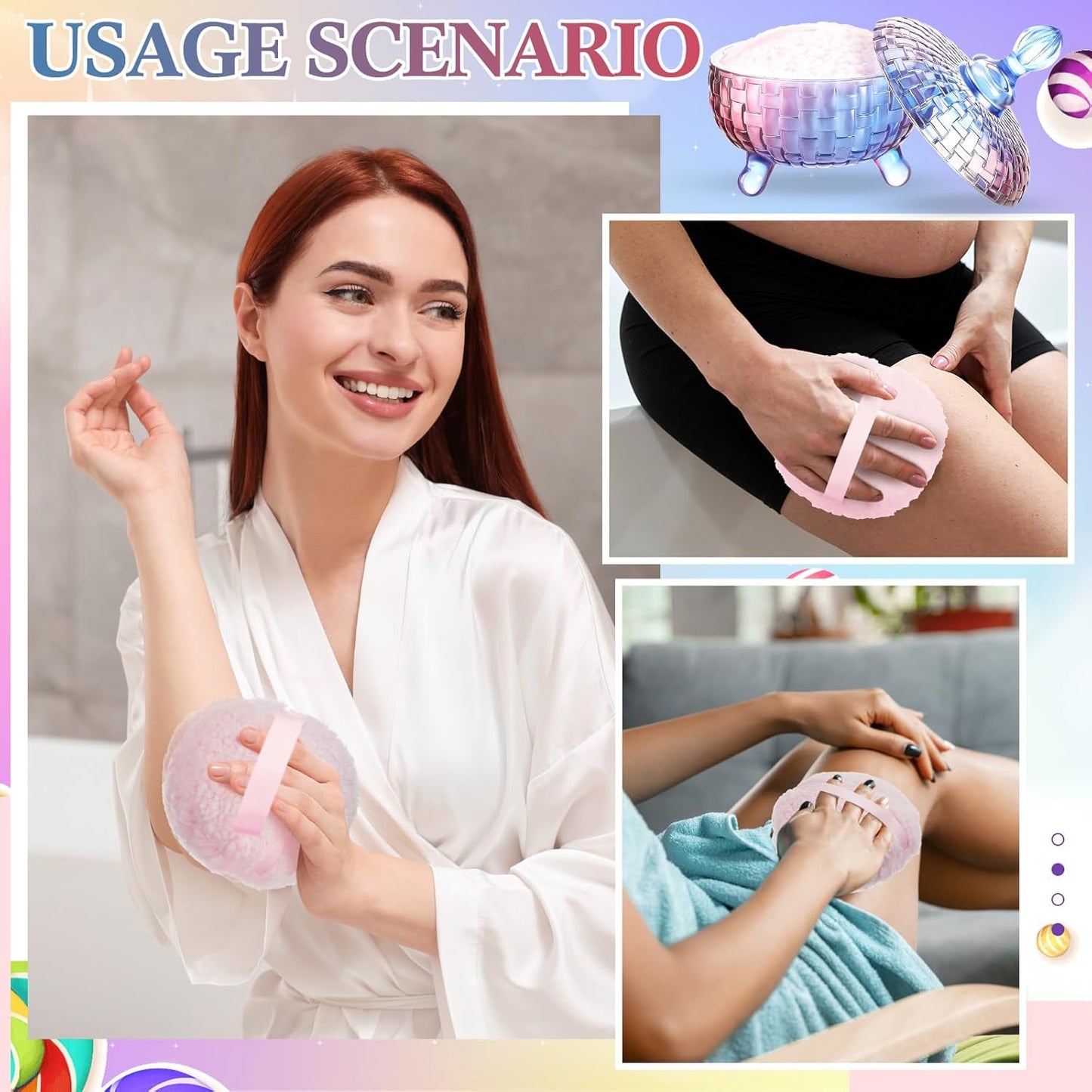 Tioncy 2 Pcs Extra Large Dusting Powder Puff and Container 6'' Body Powder Puff and Crystal Container for Women Soft Washable Reusable Velour Face (Gradient)