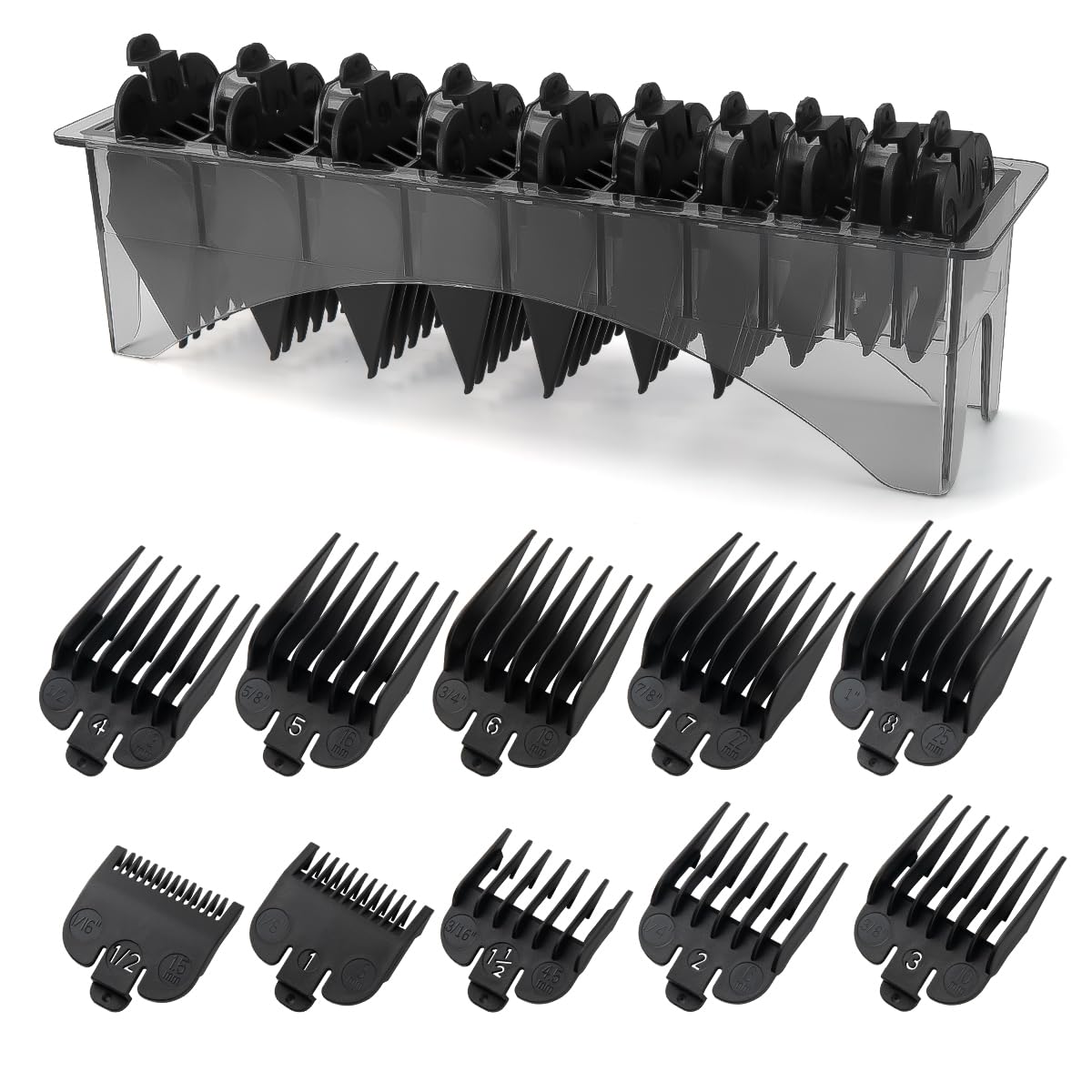 Clipper Guards Set Compatible with Most Wahl Clippers with Holder, Clipper Guides Replacement - 1/16" to 1", 10 Piece Set, Black Color