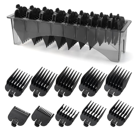 Clipper Guards Set Compatible with Most Wahl Clippers with Holder, Clipper Guides Replacement - 1/16" to 1", 10 Piece Set, Black Color