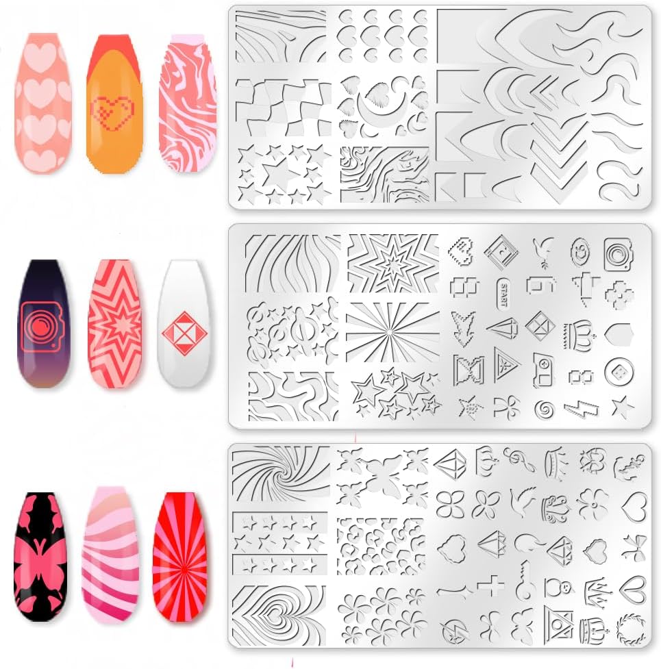 3Pcs Nail Stamping Plates, Love Butterfly Pattern Stainless Steel Nail Art Stamping Templates Manicure Tool Kit with 1 Stamper and 1 Scraper for DIY Nail Art Designs
