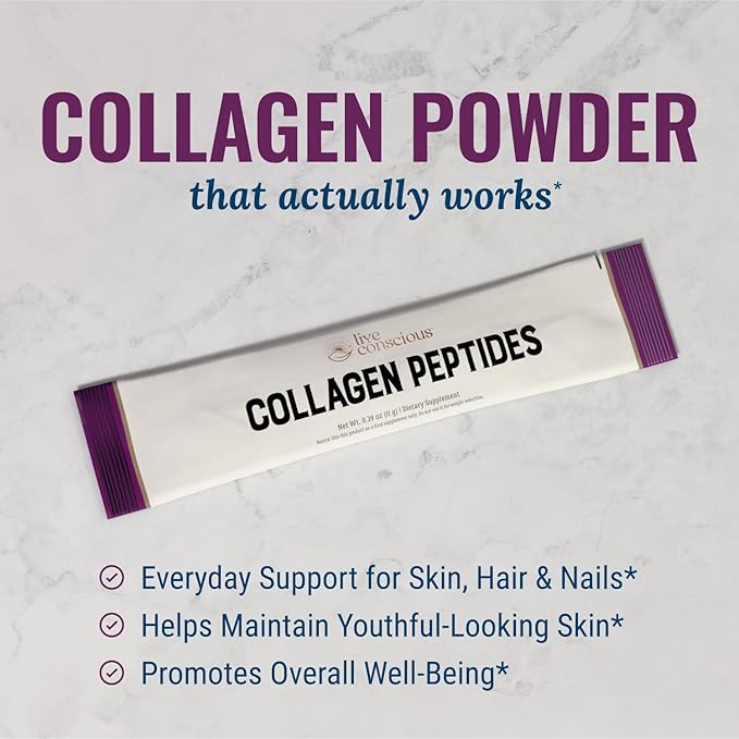 Live Conscious Collagen Peptides Powder Unflavored Packets - Hydrolyzed Collagen Powder - Hair, Skin, Nail, & Joint Support - Type I & III Grass-Fed Collagen Supplements for Women and Men - Pack of 20