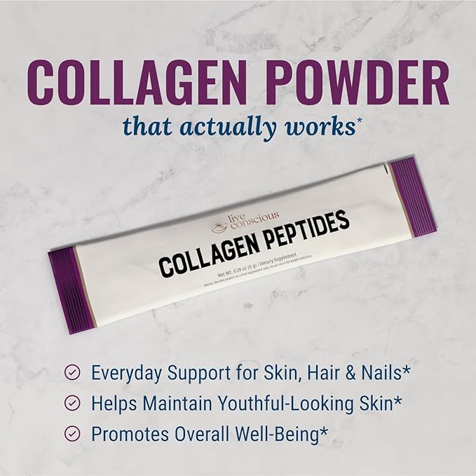 Live Conscious Collagen Peptides Powder Unflavored Packets - Hydrolyzed Collagen Powder - Hair, Skin, Nail, & Joint Support - Type I & III Grass-Fed Collagen Supplements for Women and Men - Pack of 20