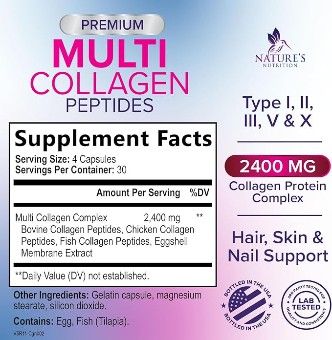 Collagen Peptides for Women & Men - Type I, II, III, V, X Multi Collagen Pills, Hydrolyzed Collagen Peptides Supplements, Nature's Hair, Skin, Nail, and Joint Support Supplement, Non-GMO, 120 Capsules