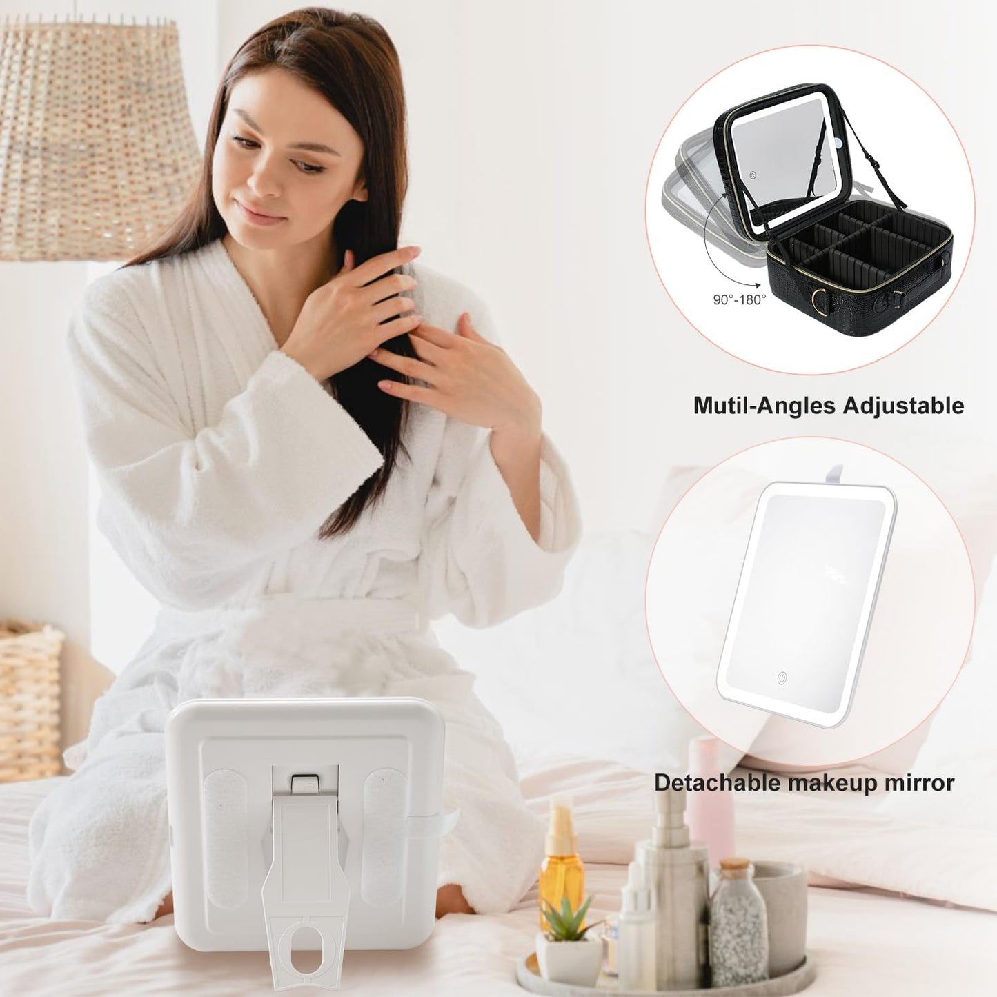 Mocado Travel Makeup Bag with LED Lighted Mirror, Travel Makeup Organizer, Makeup Case with 3 Color Lighted Setting and 10x Magnifying Mirror, Portable Storage and Adjustable Dividers (Crocodile)