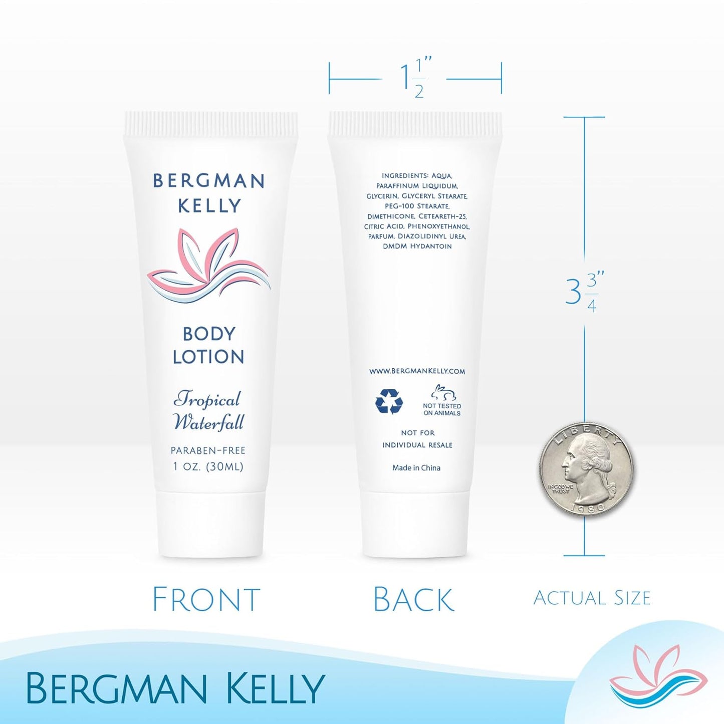 BERGMAN KELLY - Travel Size Lotion - 1 fl oz, 200 PK, Tropical Waterfall - Delight Your Guests w/Invigorating & Refreshing Body Lotion - Quality Mini & Small Size Guest Hotel Toiletries in Bulk